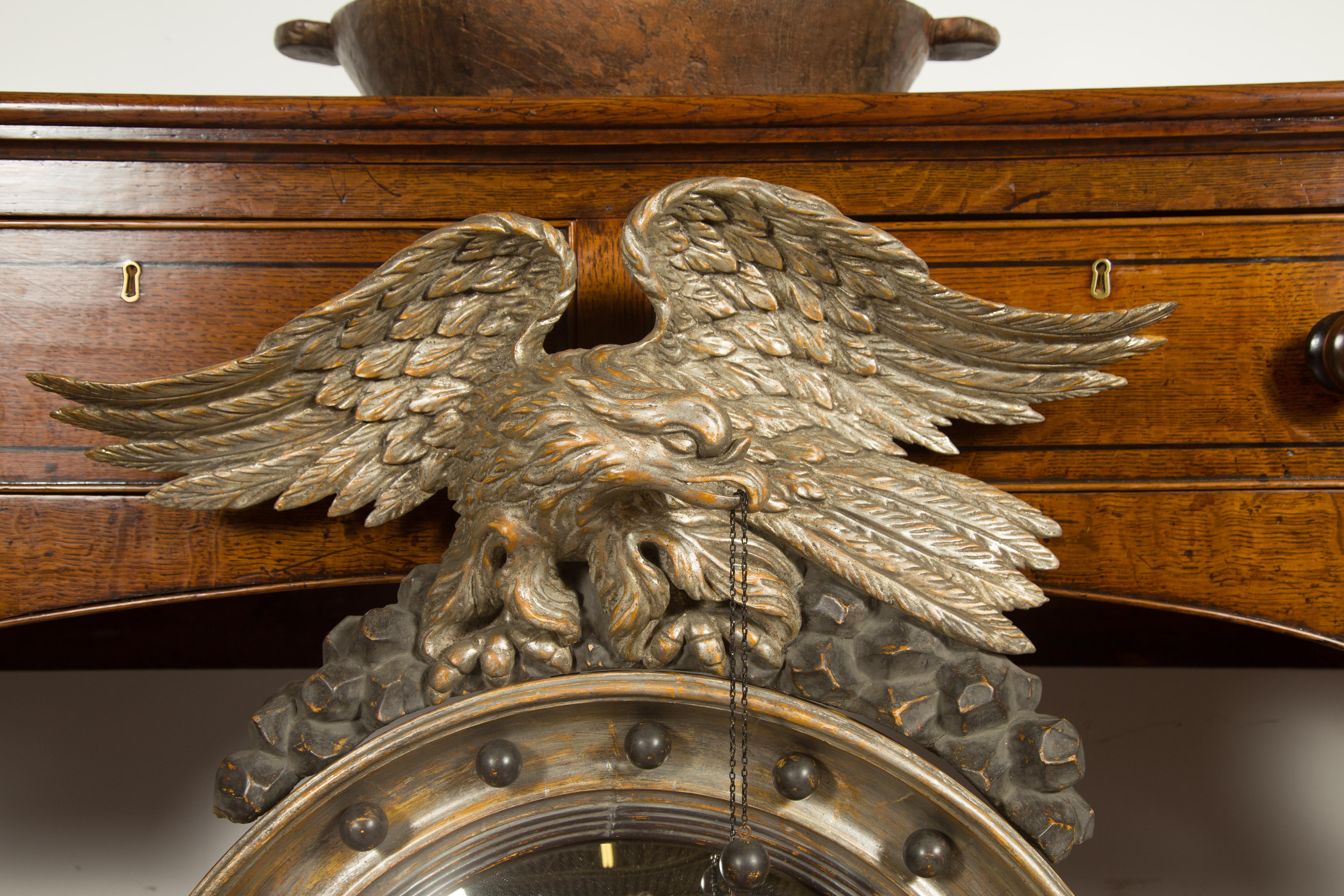 19th Century English 1860s Silver Leaf Convex Girandole Bullseye Mirror with Eagle Motif