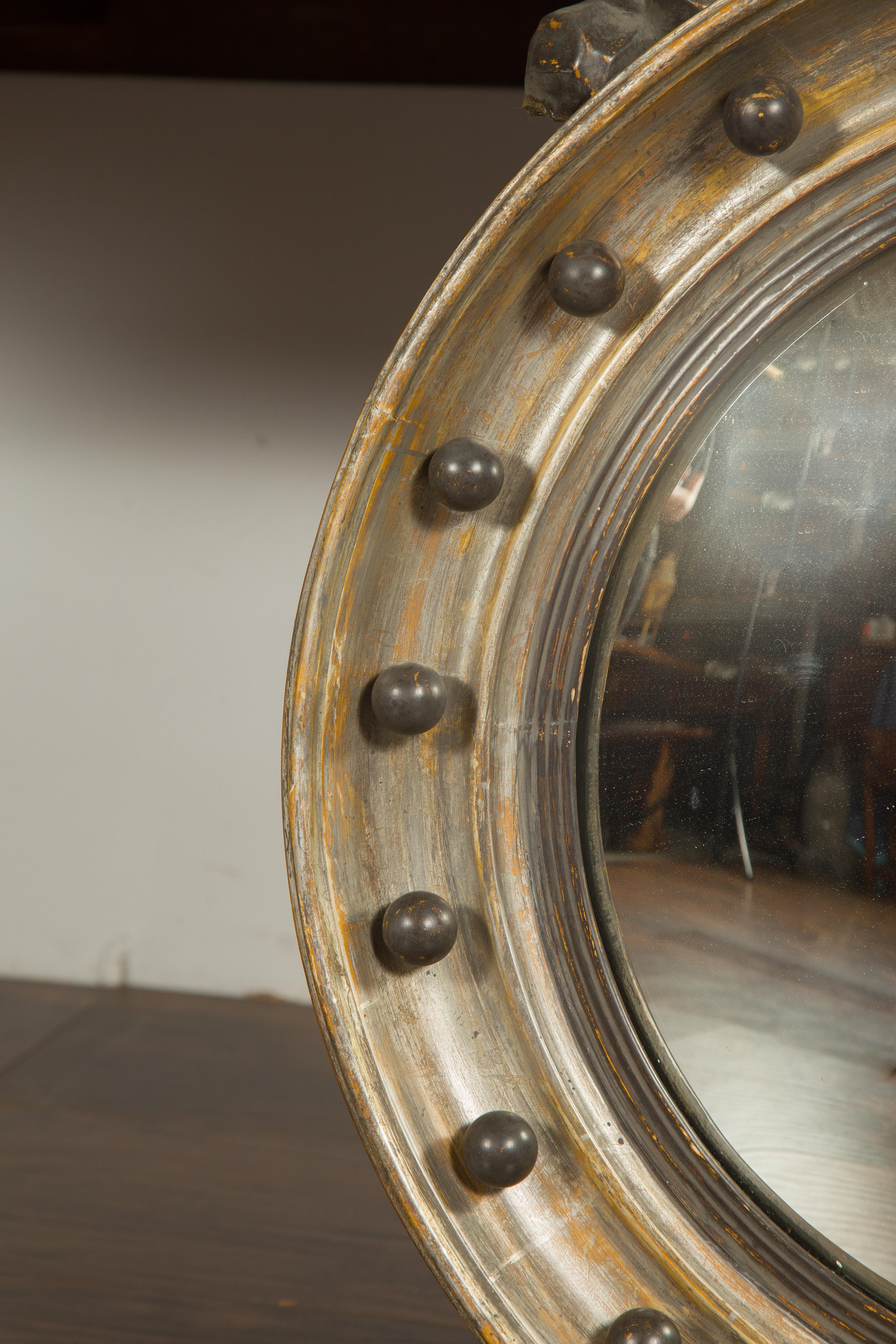 Wood English 1860s Silver Leaf Convex Girandole Bullseye Mirror with Eagle Motif