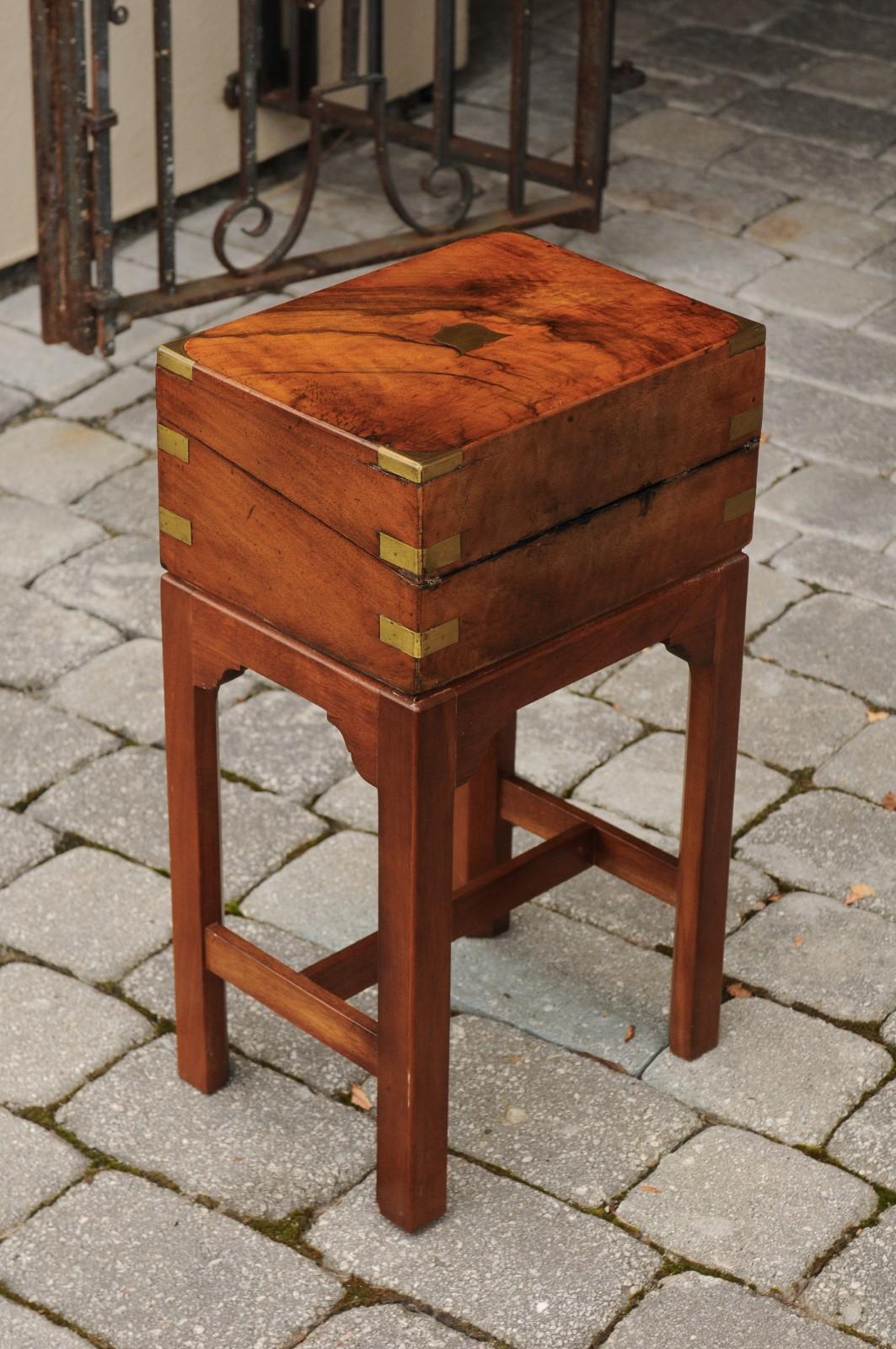 English 1860s Walnut Lap Desk Box on Custom Stand with Brass Accents and Leather 5