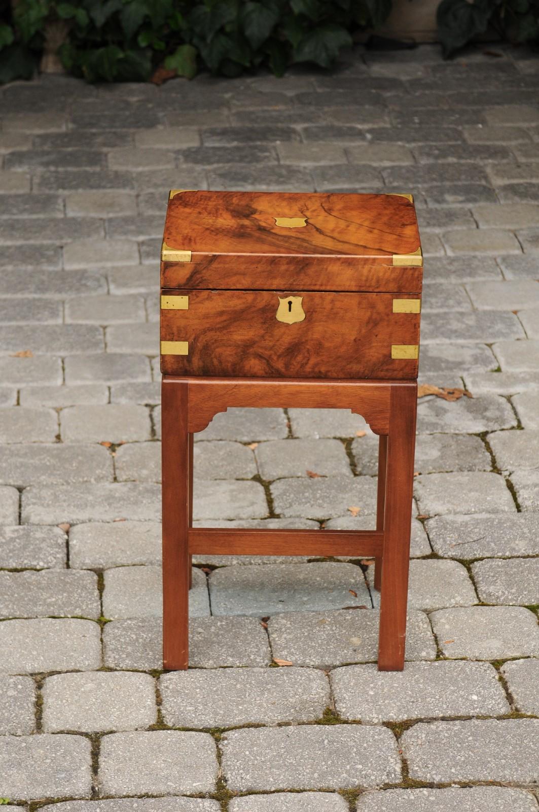 English 1860s Walnut Lap Desk Box on Custom Stand with Brass Accents and Leather 6