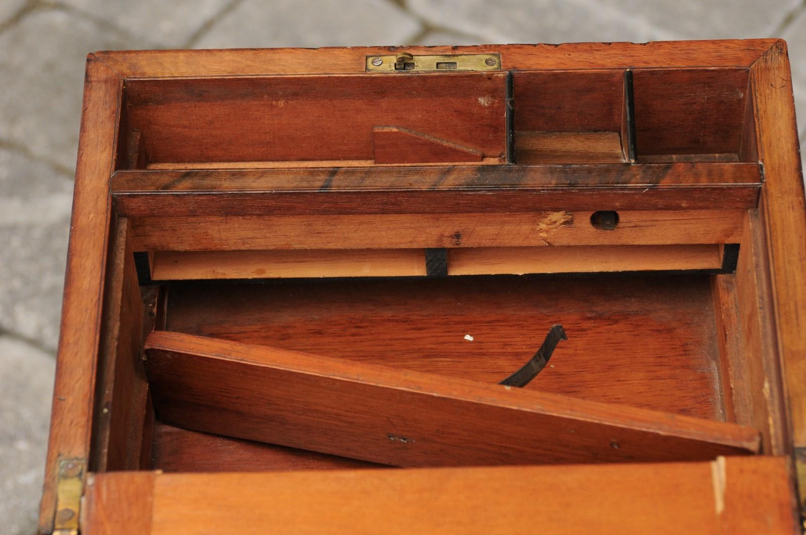 English 1860s Walnut Lap Desk Box on Custom Stand with Brass Accents and Leather 8