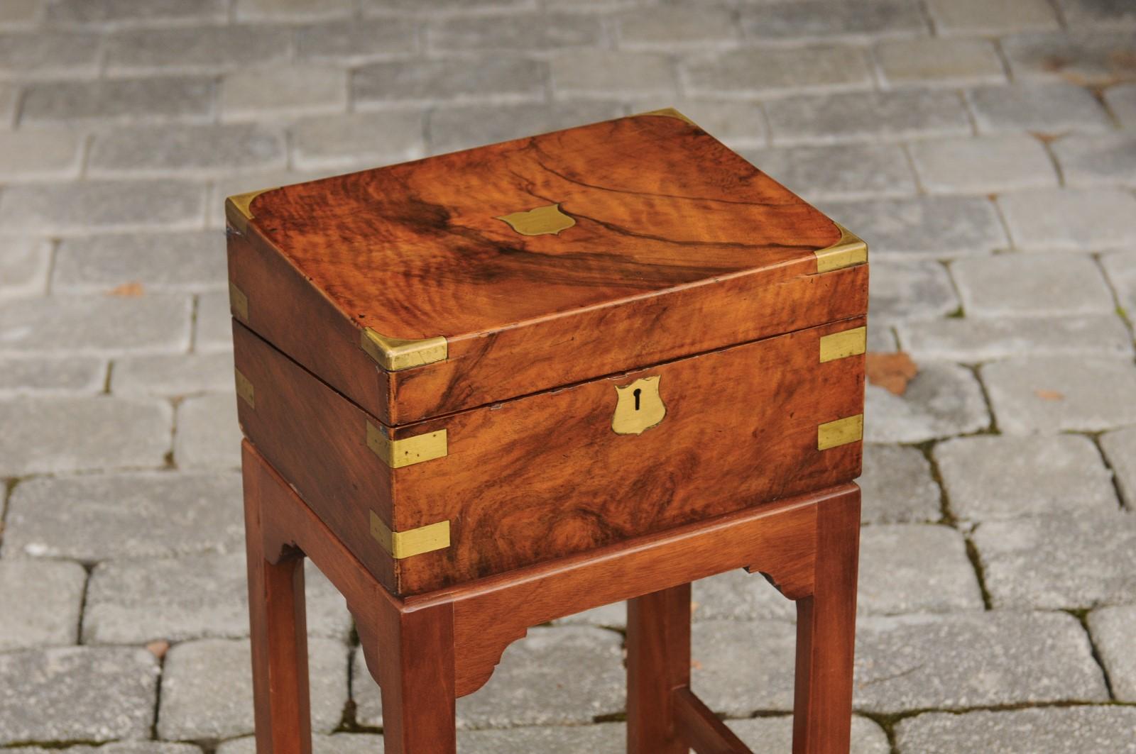 19th Century English 1860s Walnut Lap Desk Box on Custom Stand with Brass Accents and Leather