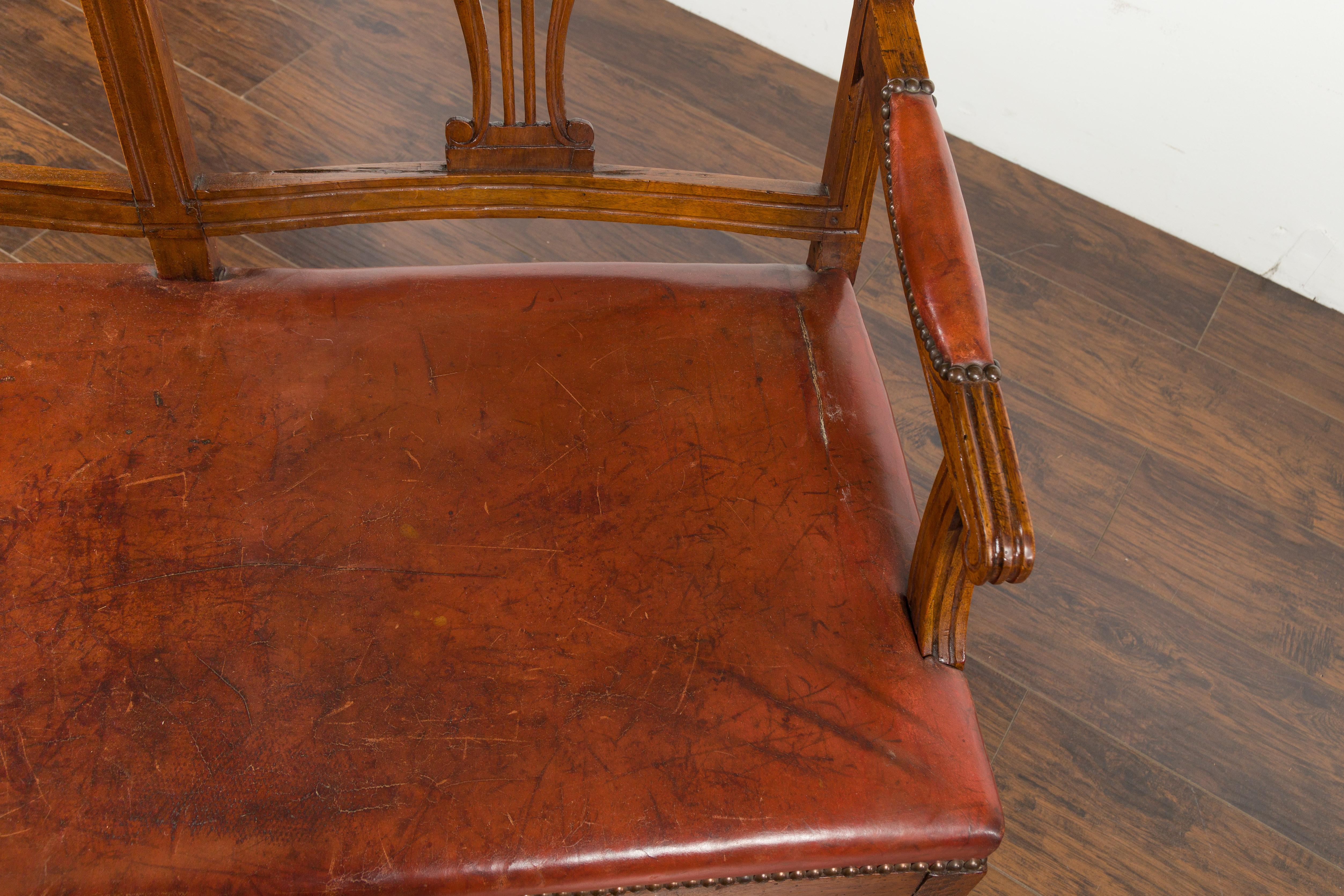 English 1860s Walnut Three-Seat Bench with Leather Seat and Carved Splats 7