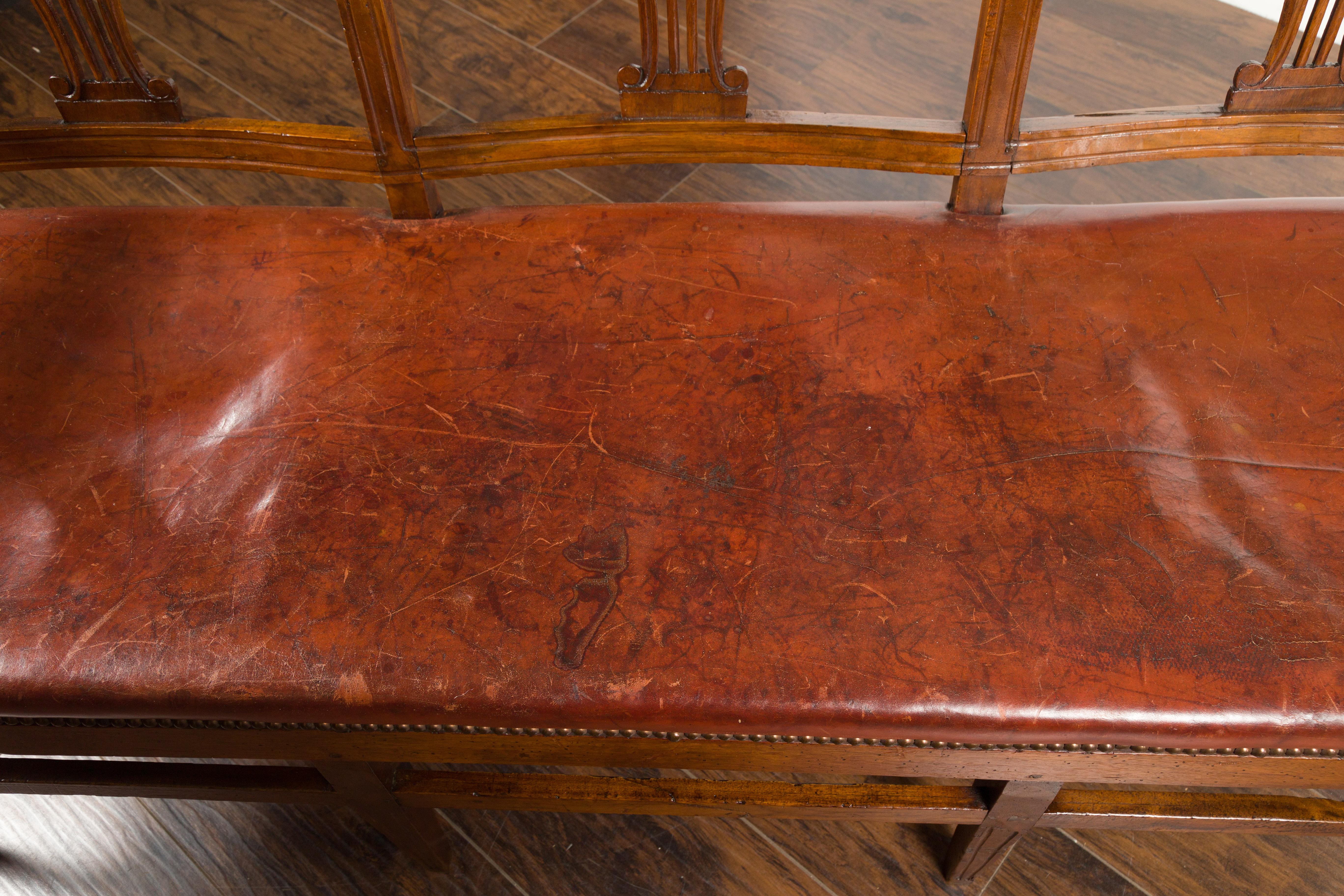 English 1860s Walnut Three-Seat Bench with Leather Seat and Carved Splats 8