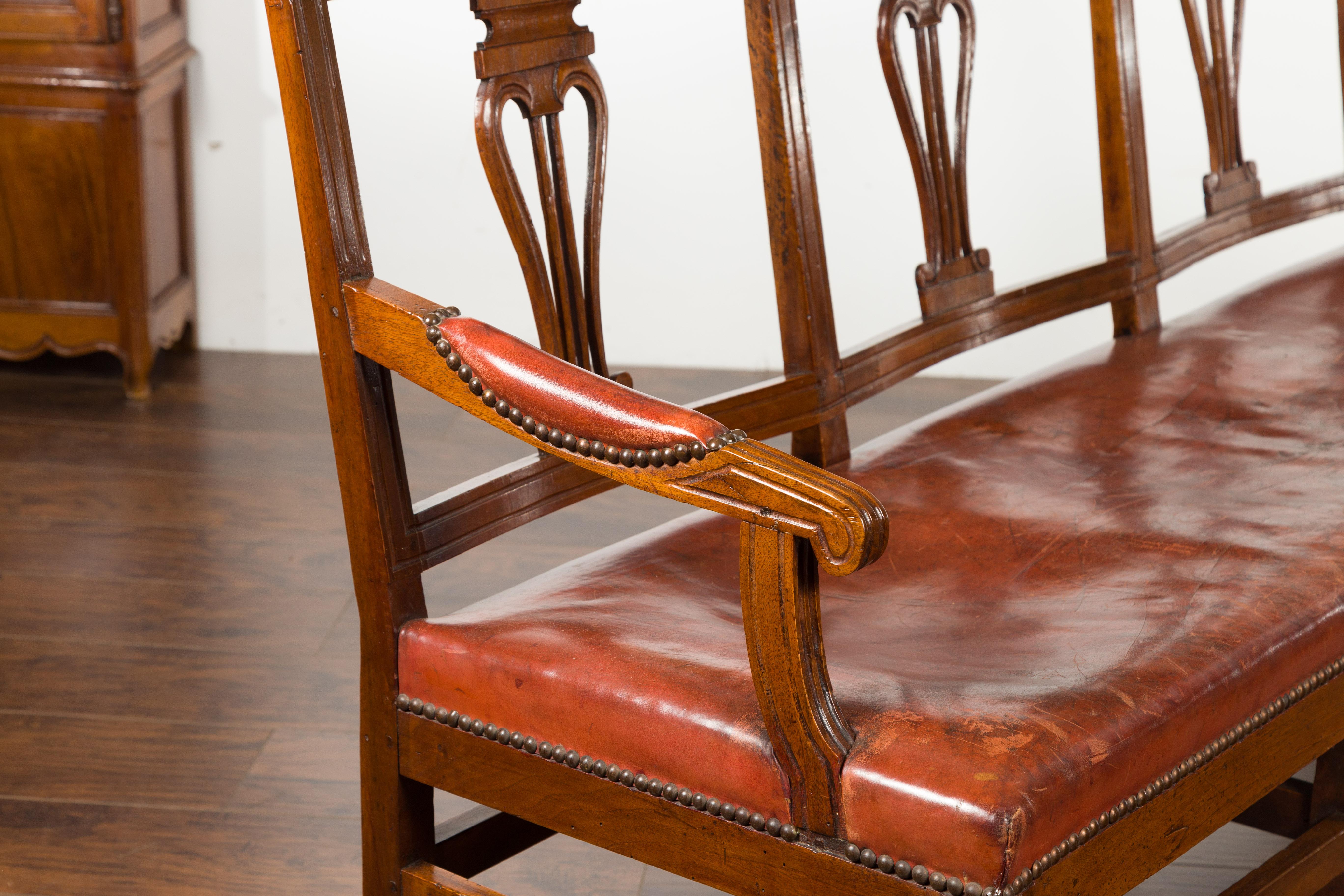 English 1860s Walnut Three-Seat Bench with Leather Seat and Carved Splats 9