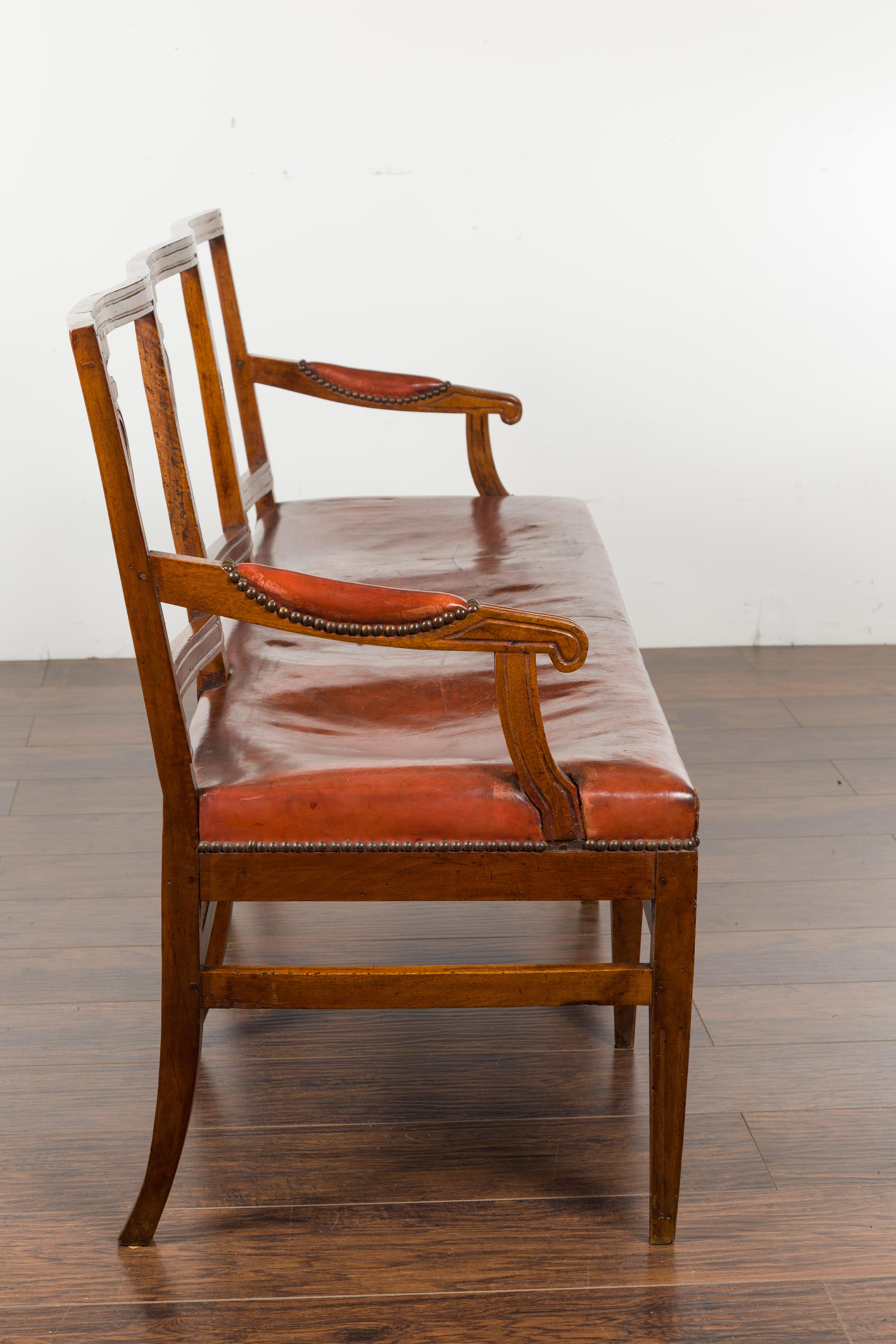 English 1860s Walnut Three-Seat Bench with Leather Seat and Carved Splats 10