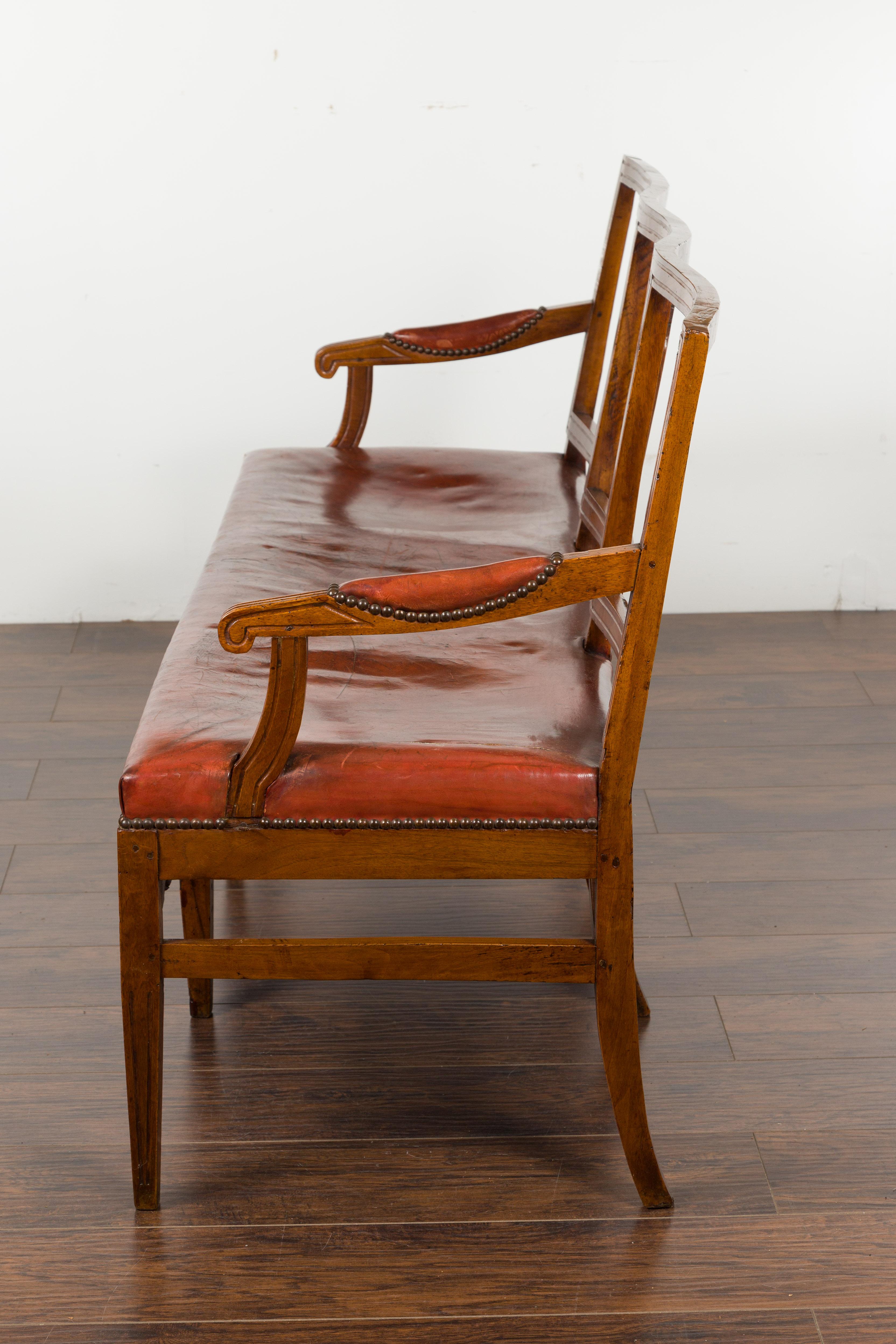 English 1860s Walnut Three-Seat Bench with Leather Seat and Carved Splats 12