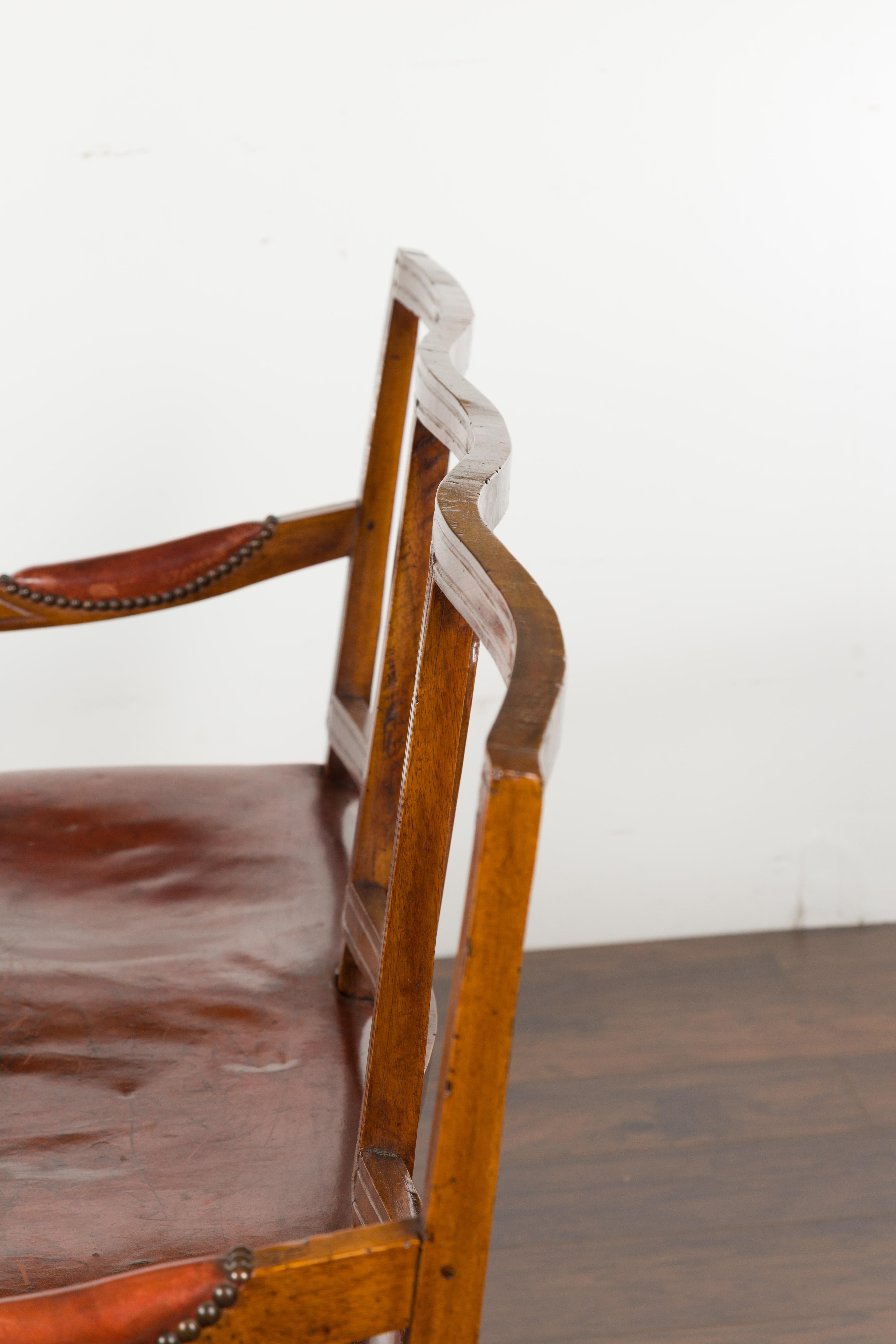 English 1860s Walnut Three-Seat Bench with Leather Seat and Carved Splats 13
