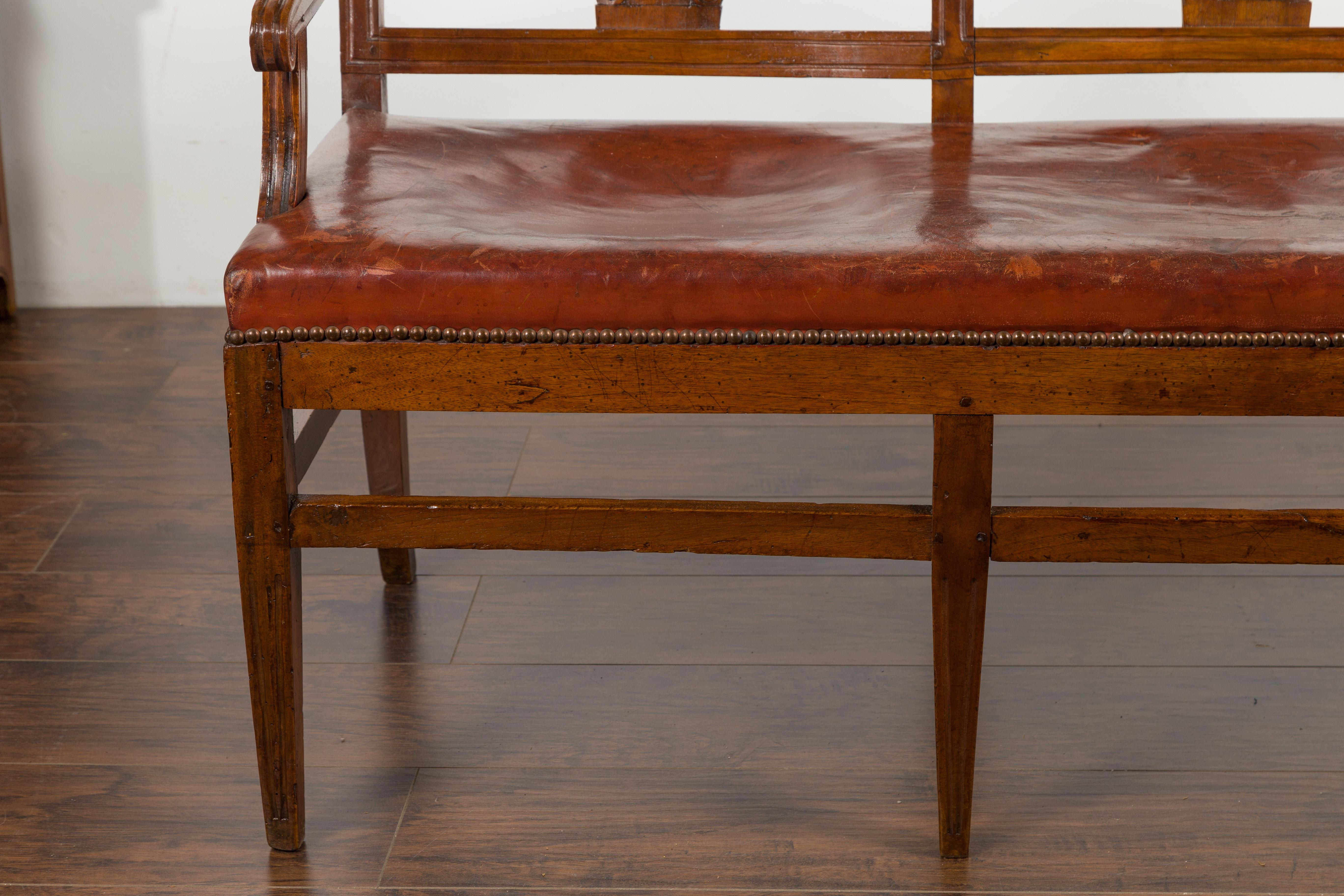 English 1860s Walnut Three-Seat Bench with Leather Seat and Carved Splats 2
