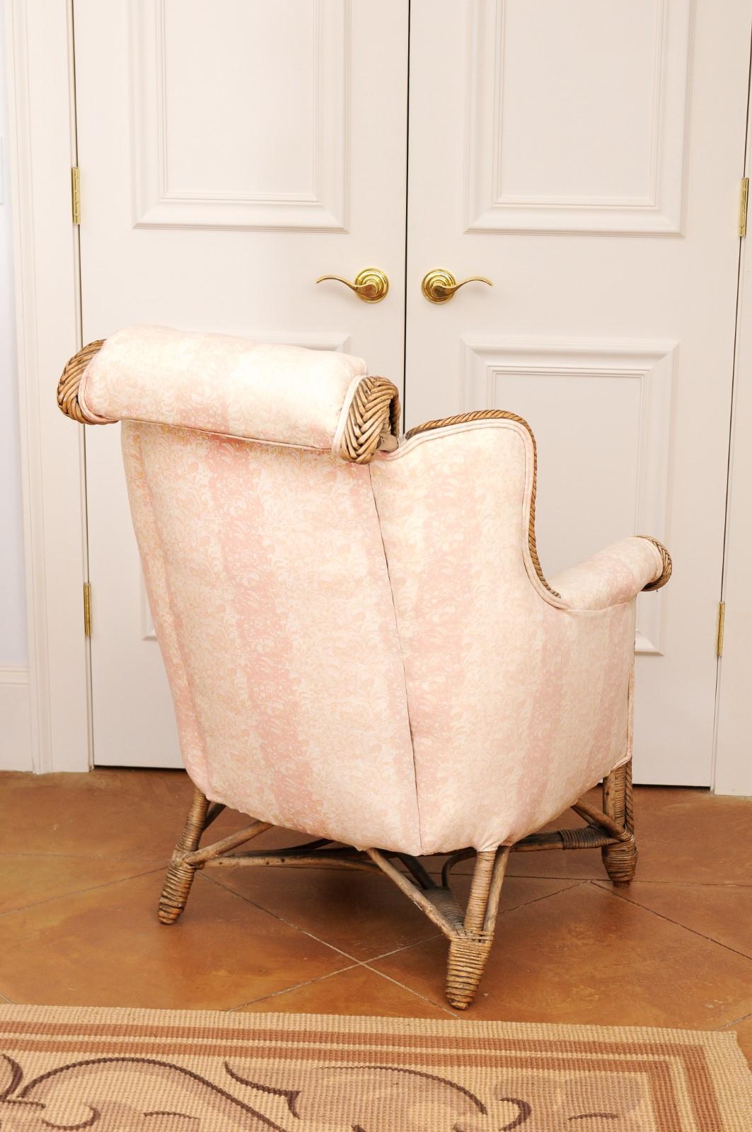 English 1860s Wicker Wingback Chair with Out-Scrolling Back and New Upholstery 6