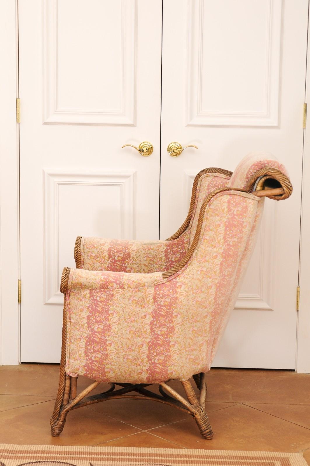 English 1860s Wicker Wingback Chair with Out-Scrolling Back and New Upholstery 9