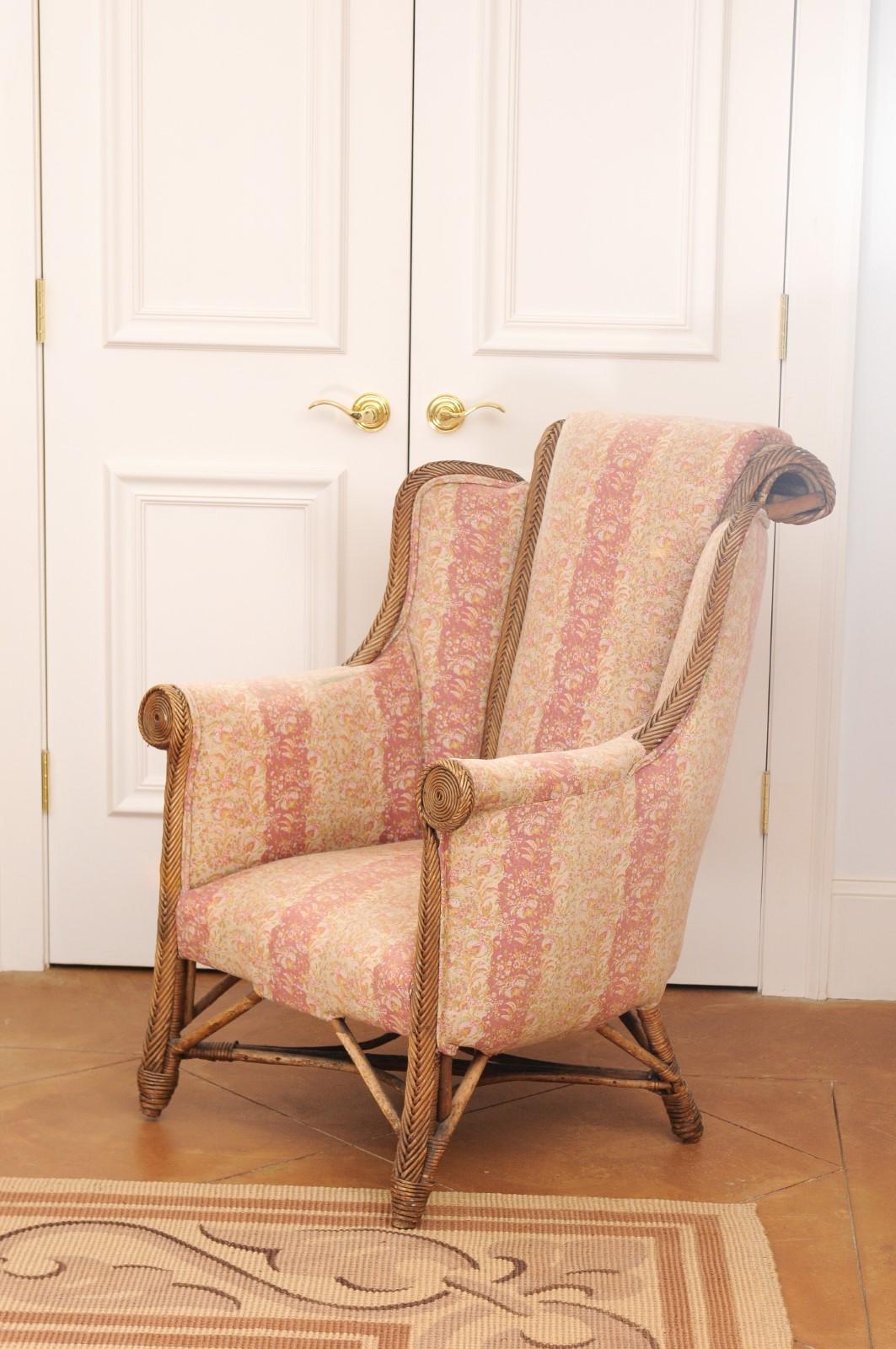 English 1860s Wicker Wingback Chair with Out-Scrolling Back and New Upholstery 10
