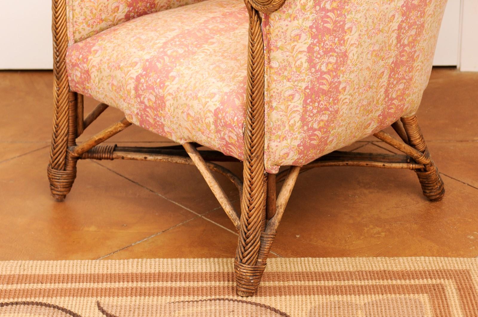 English 1860s Wicker Wingback Chair with Out-Scrolling Back and New Upholstery 11