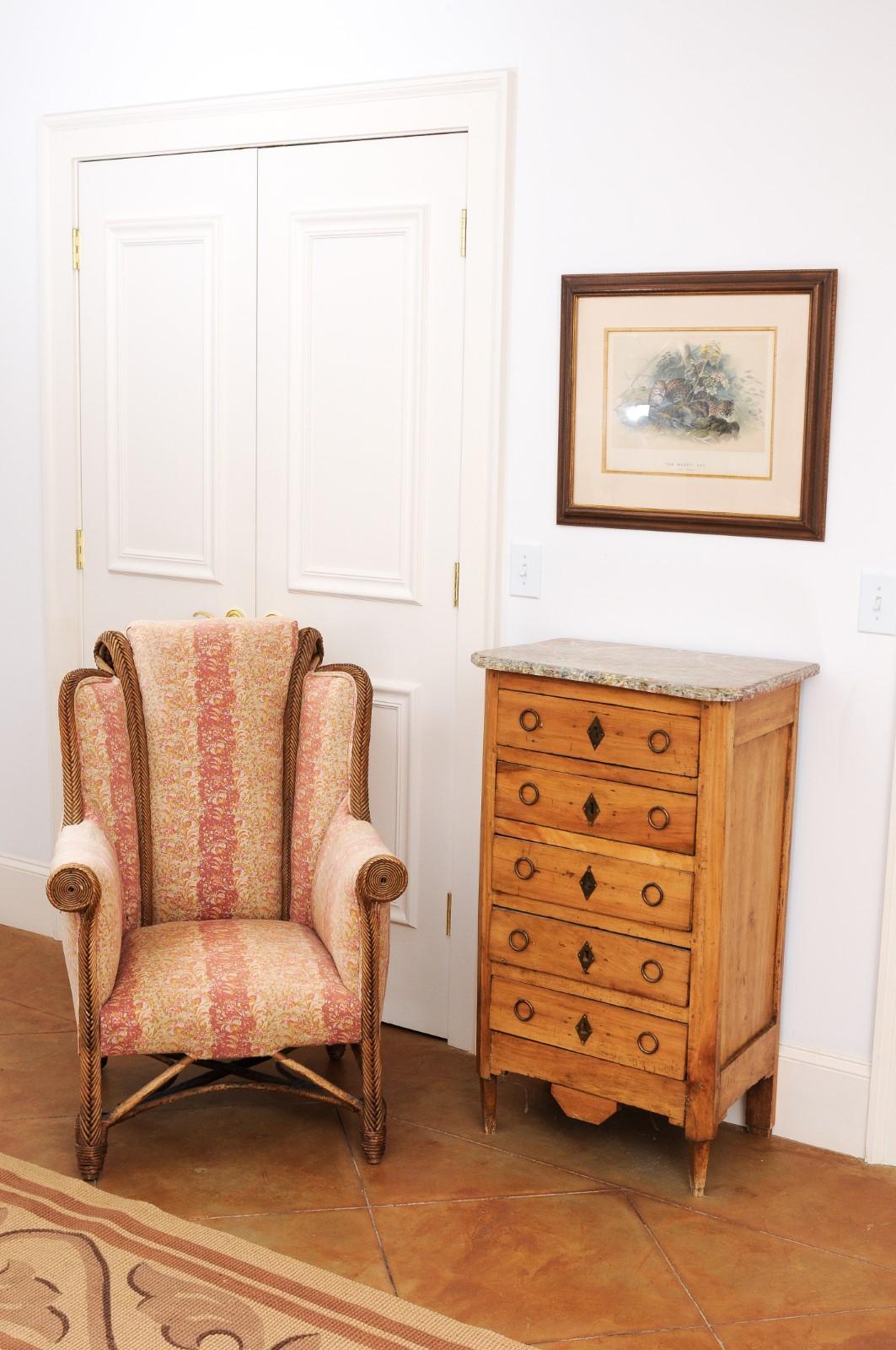 English 1860s Wicker Wingback Chair with Out-Scrolling Back and New Upholstery 15