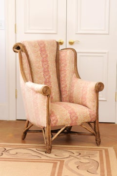 English 1860s Wicker Wingback Chair with Out-Scrolling Back and New Upholstery