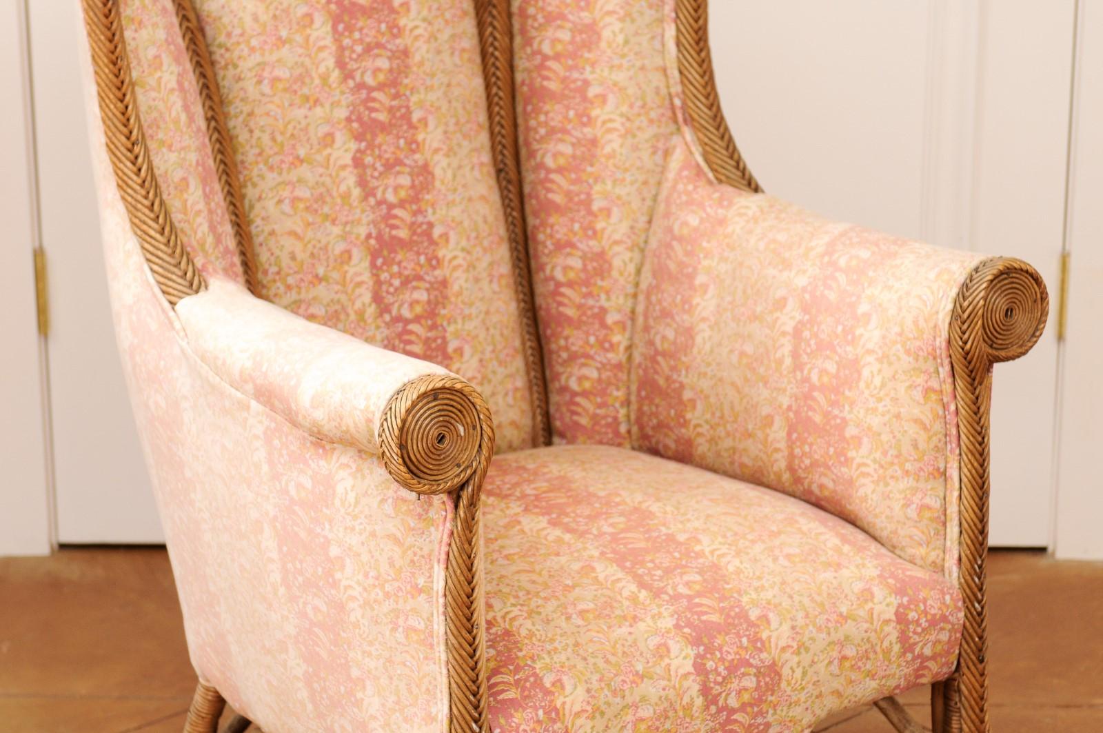 19th Century English 1860s Wicker Wingback Chair with Out-Scrolling Back and New Upholstery