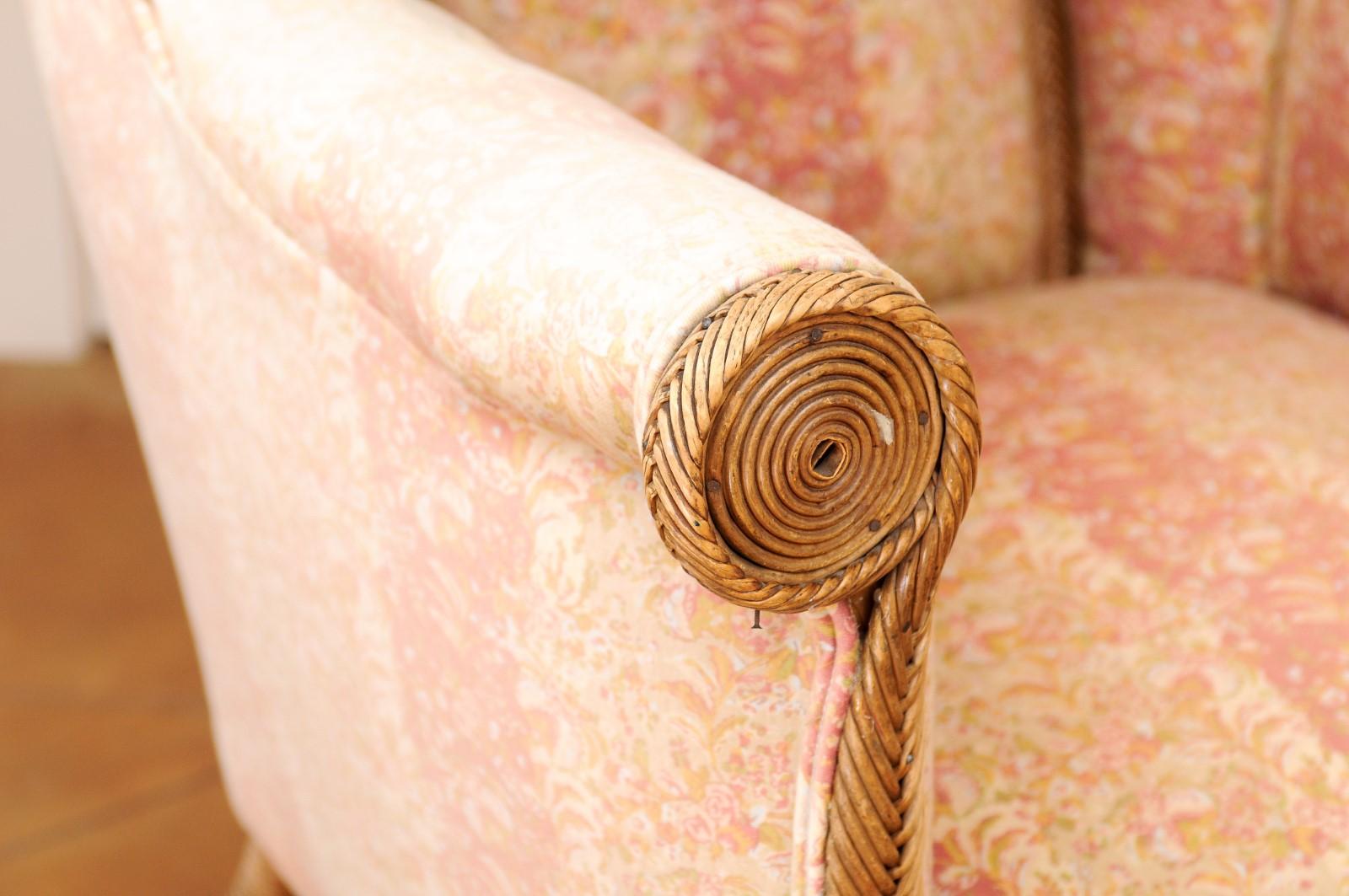 English 1860s Wicker Wingback Chair with Out-Scrolling Back and New Upholstery 2