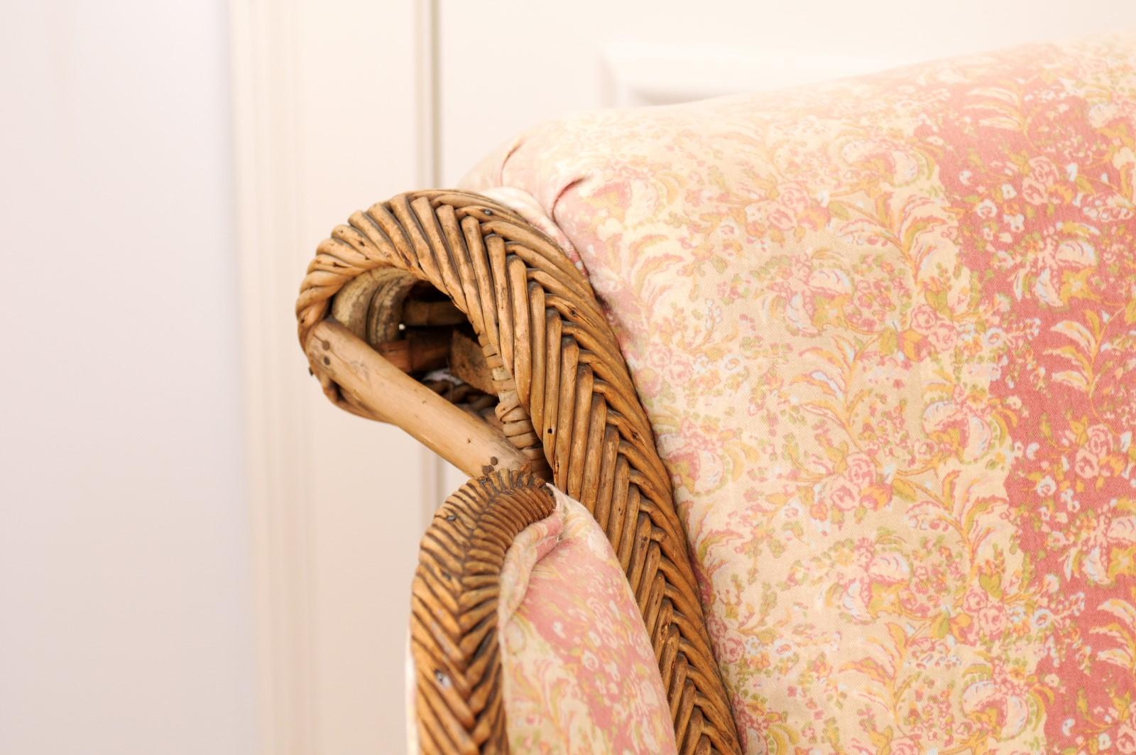 English 1860s Wicker Wingback Chair with Out-Scrolling Back and New Upholstery 3