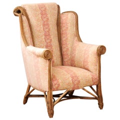 English 1860s Wicker Wingback Chair with Out-Scrolling Back and New Upholstery