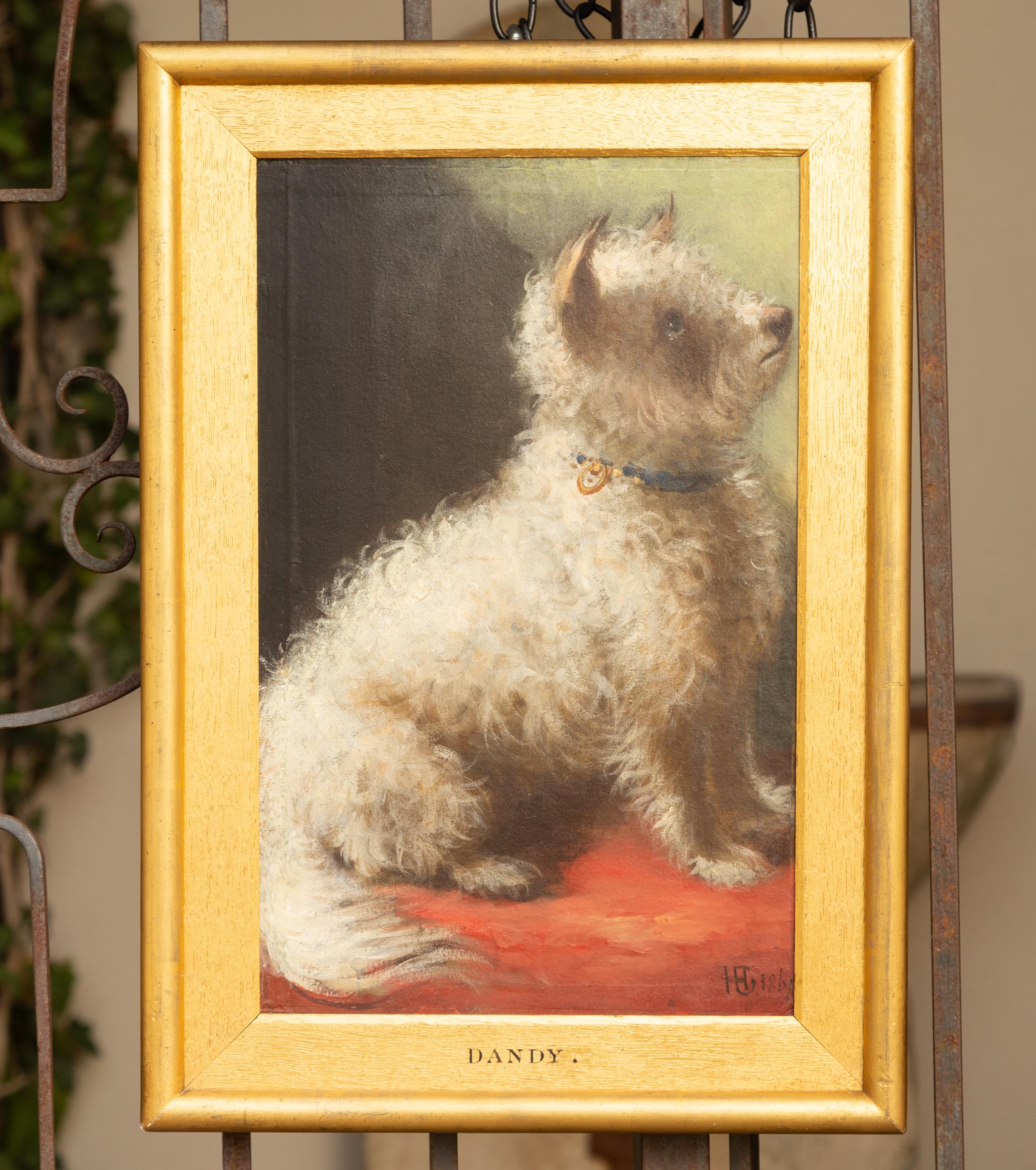 English 1861 Oil on Board Dog Painting Depicting Dandy Sitting on a Red Fabric In Good Condition In Atlanta, GA