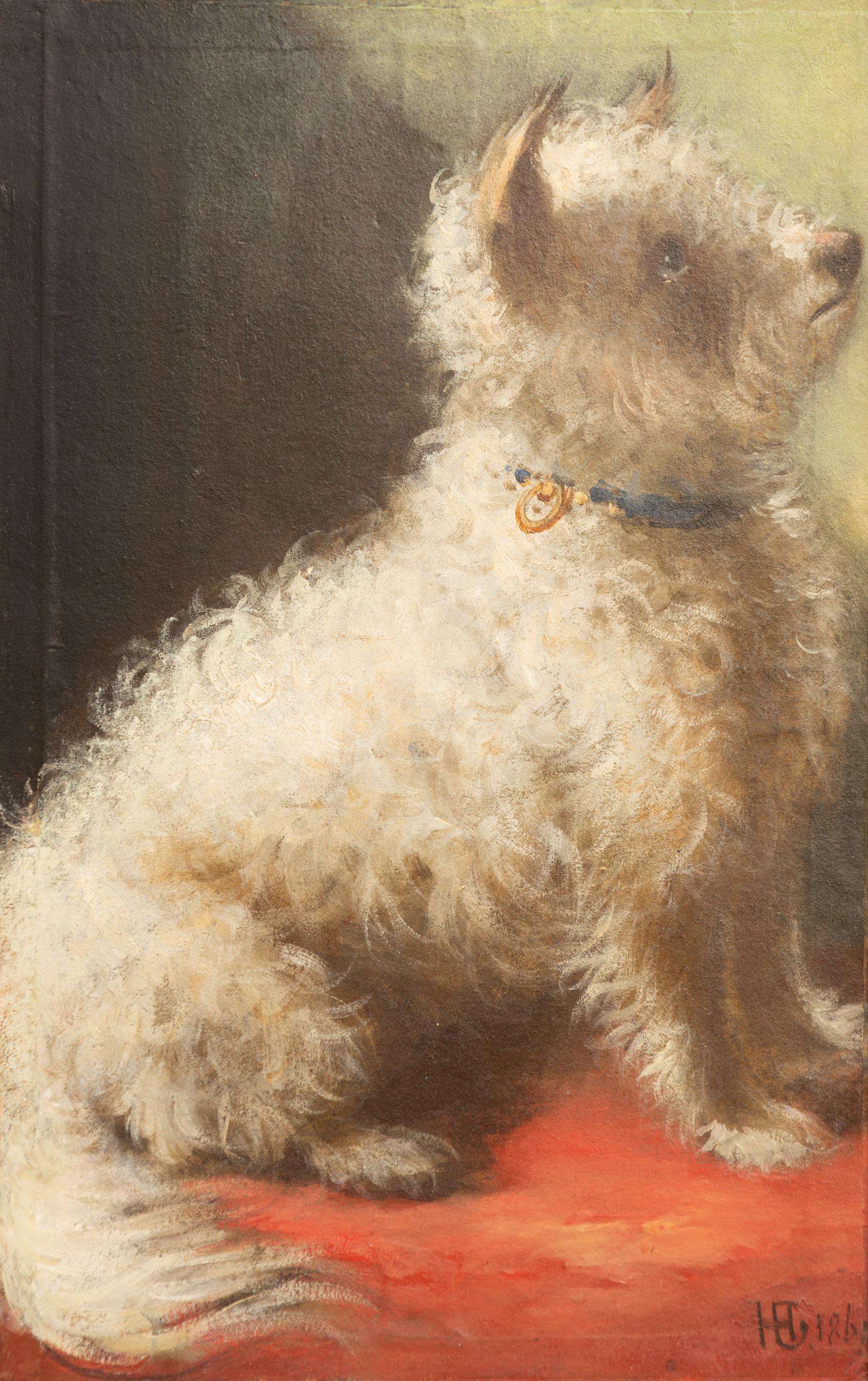 19th Century English 1861 Oil on Board Dog Painting Depicting Dandy Sitting on a Red Fabric