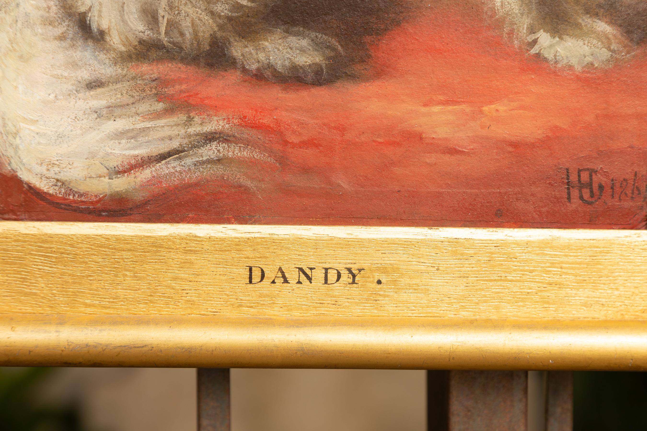 English 1861 Oil on Board Dog Painting Depicting Dandy Sitting on a Red Fabric 1