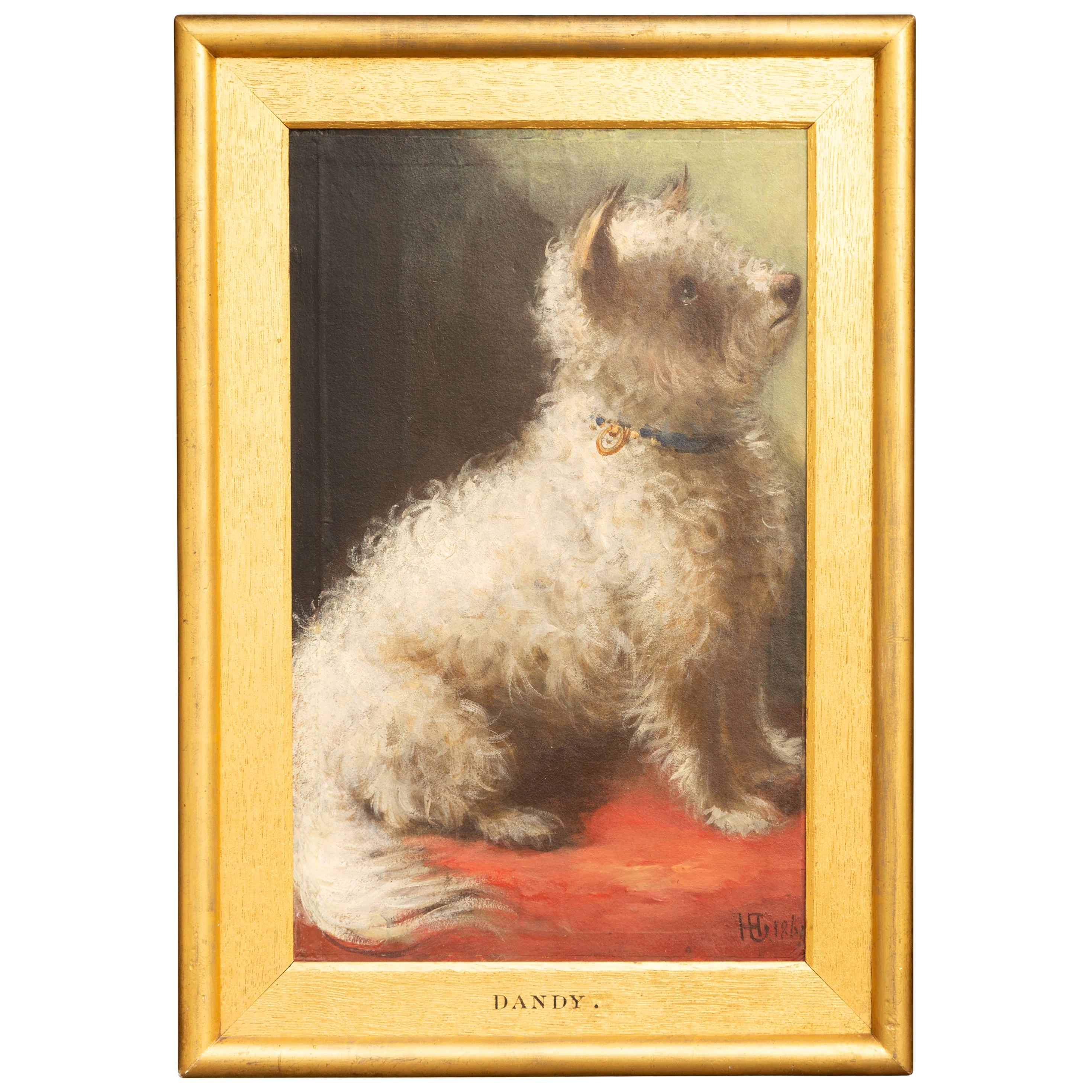 English 1861 Oil on Board Dog Painting Depicting Dandy Sitting on a Red Fabric