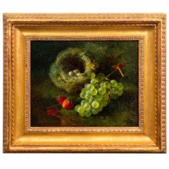English 1869 Still-Life Oil Painting of Bird’s Nest with Fruit by G. Broome