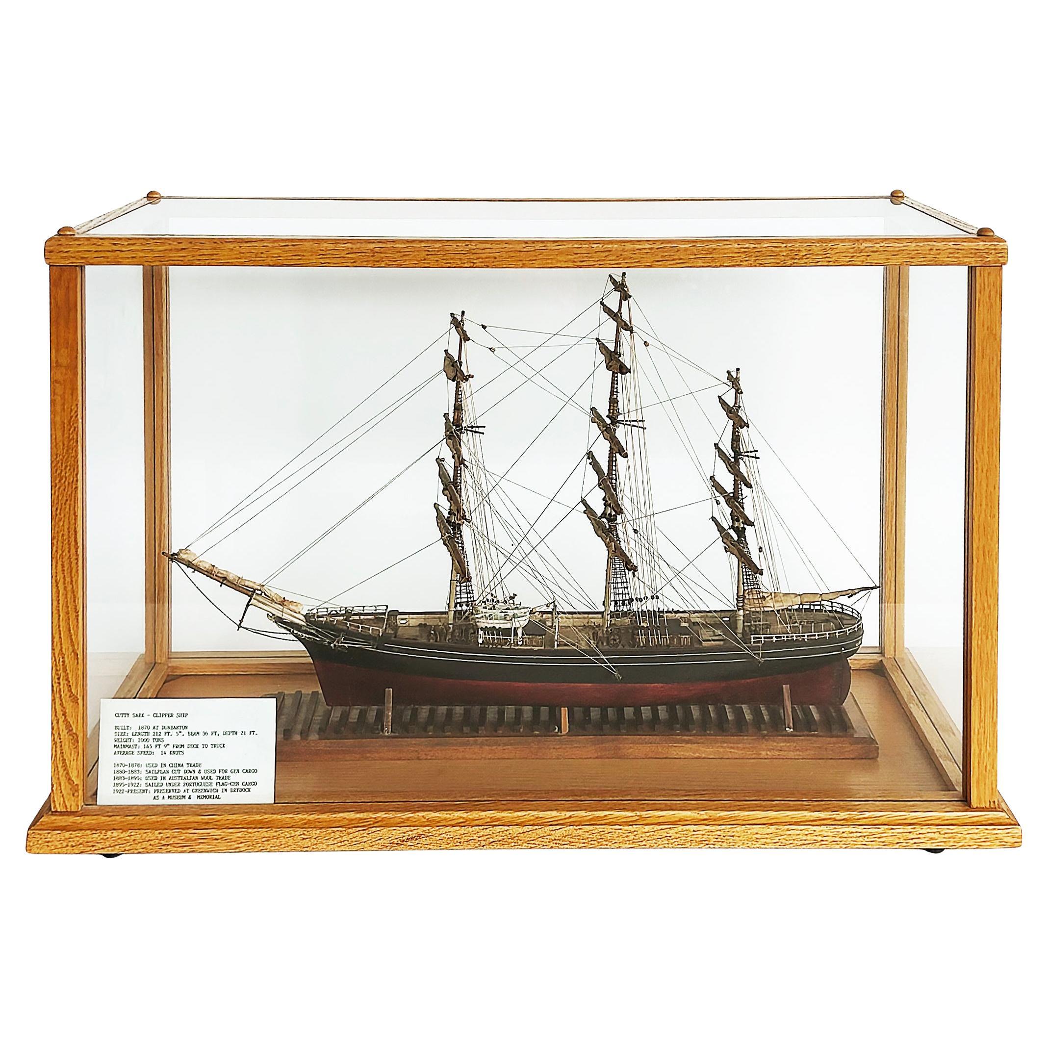 English 1870 Cutty Sark Clipper Hand-Crafted Model Encased in Wood, Glass 1970s