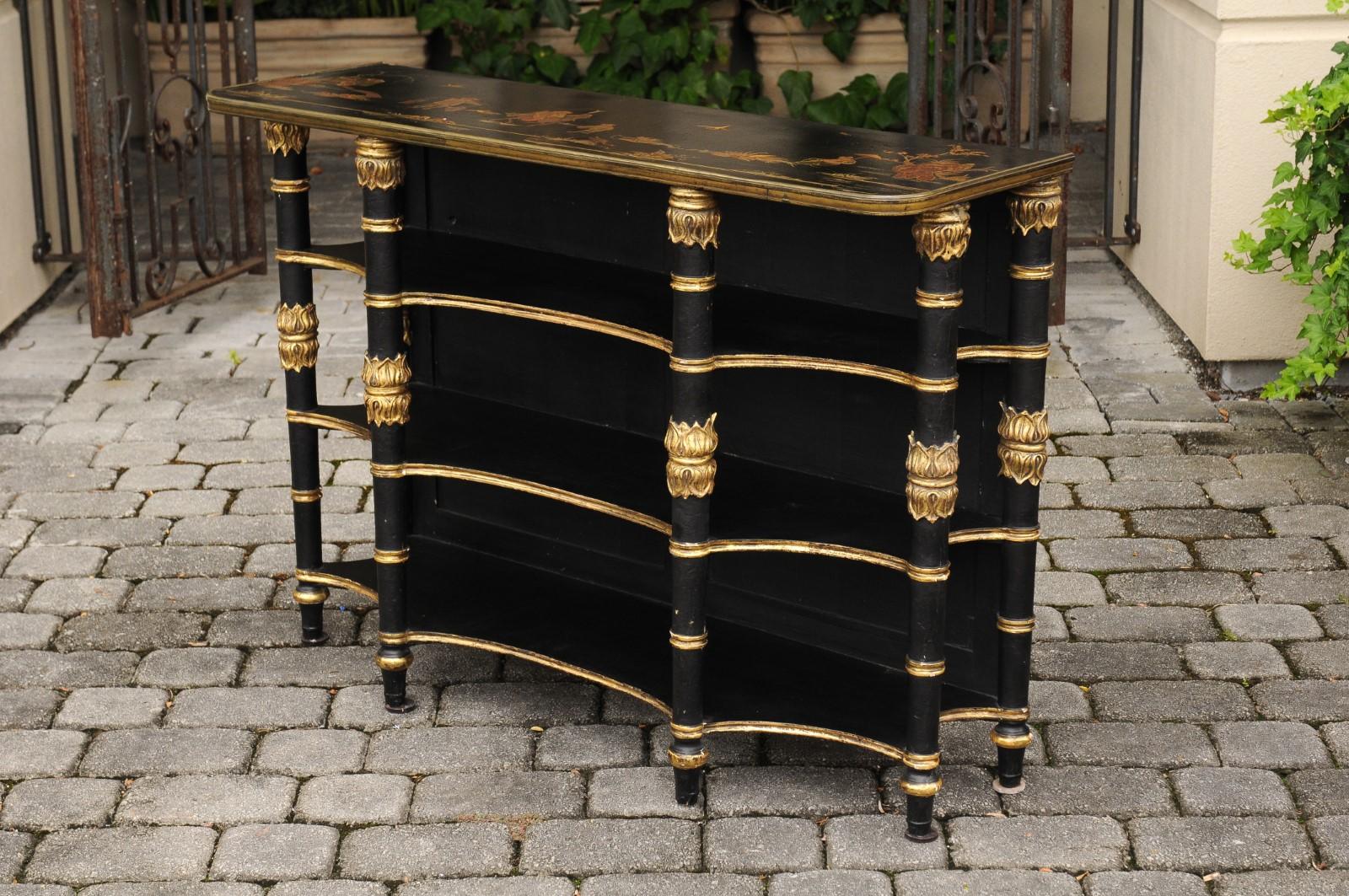 English Ebonized Three-Tiered Shelf with Chinoiserie Decor and Gilded Accents For Sale 5