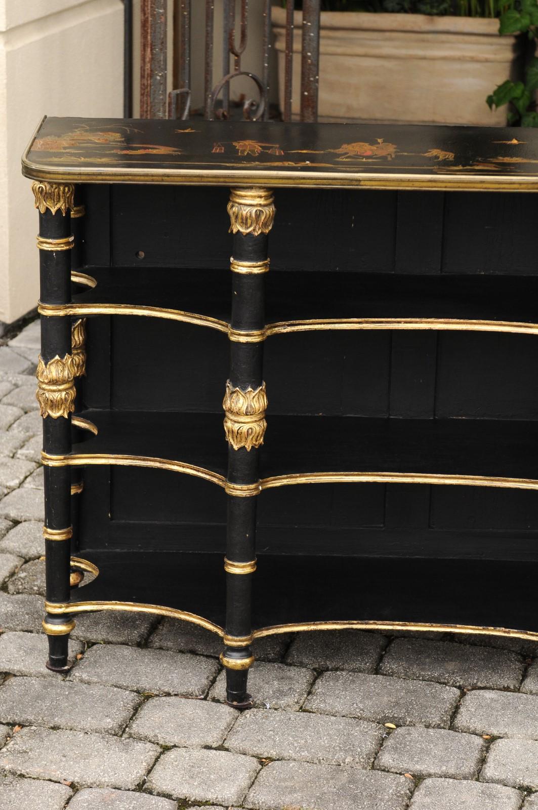 English Ebonized Three-Tiered Shelf with Chinoiserie Decor and Gilded Accents In Good Condition For Sale In Atlanta, GA