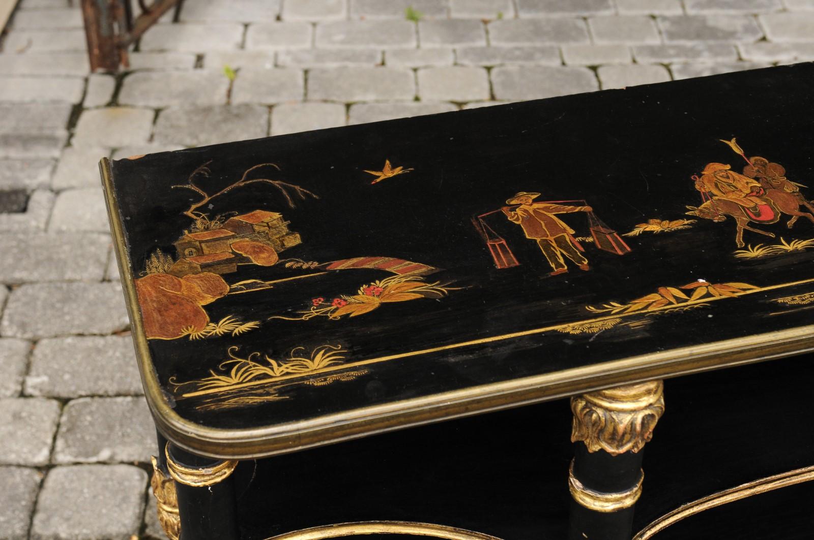 20th Century English Ebonized Three-Tiered Shelf with Chinoiserie Decor and Gilded Accents For Sale