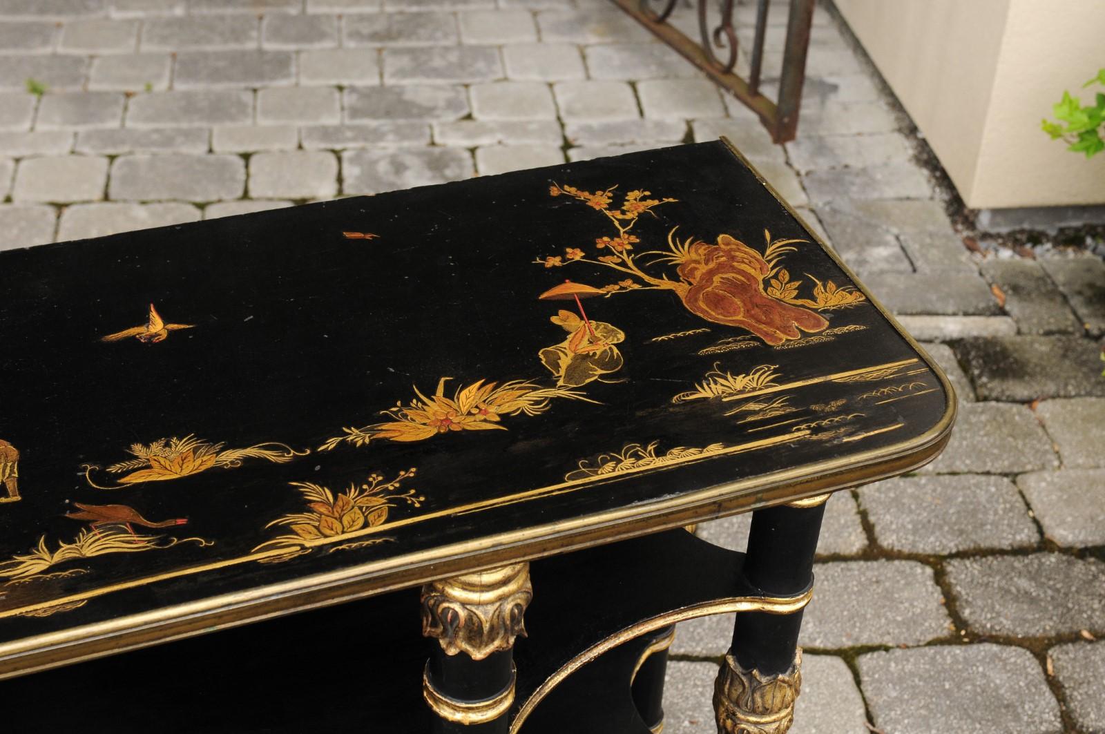 Giltwood English Ebonized Three-Tiered Shelf with Chinoiserie Decor and Gilded Accents For Sale
