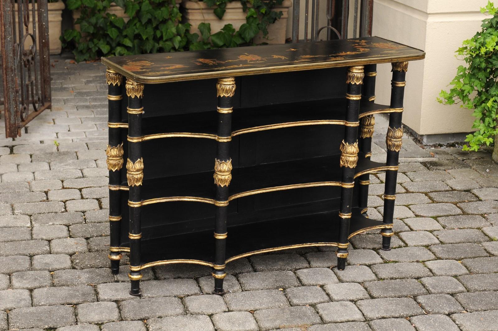 English Ebonized Three-Tiered Shelf with Chinoiserie Decor and Gilded Accents For Sale 1