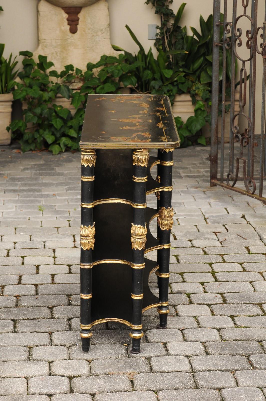 English Ebonized Three-Tiered Shelf with Chinoiserie Decor and Gilded Accents For Sale 2