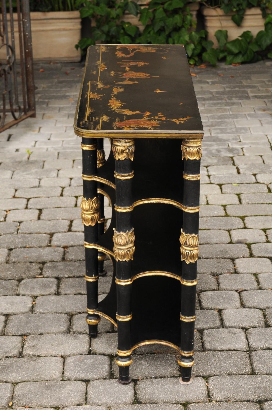 English Ebonized Three-Tiered Shelf with Chinoiserie Decor and Gilded Accents For Sale 4