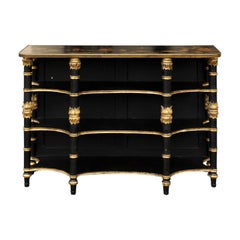 Vintage English Ebonized Three-Tiered Shelf with Chinoiserie Decor and Gilded Accents