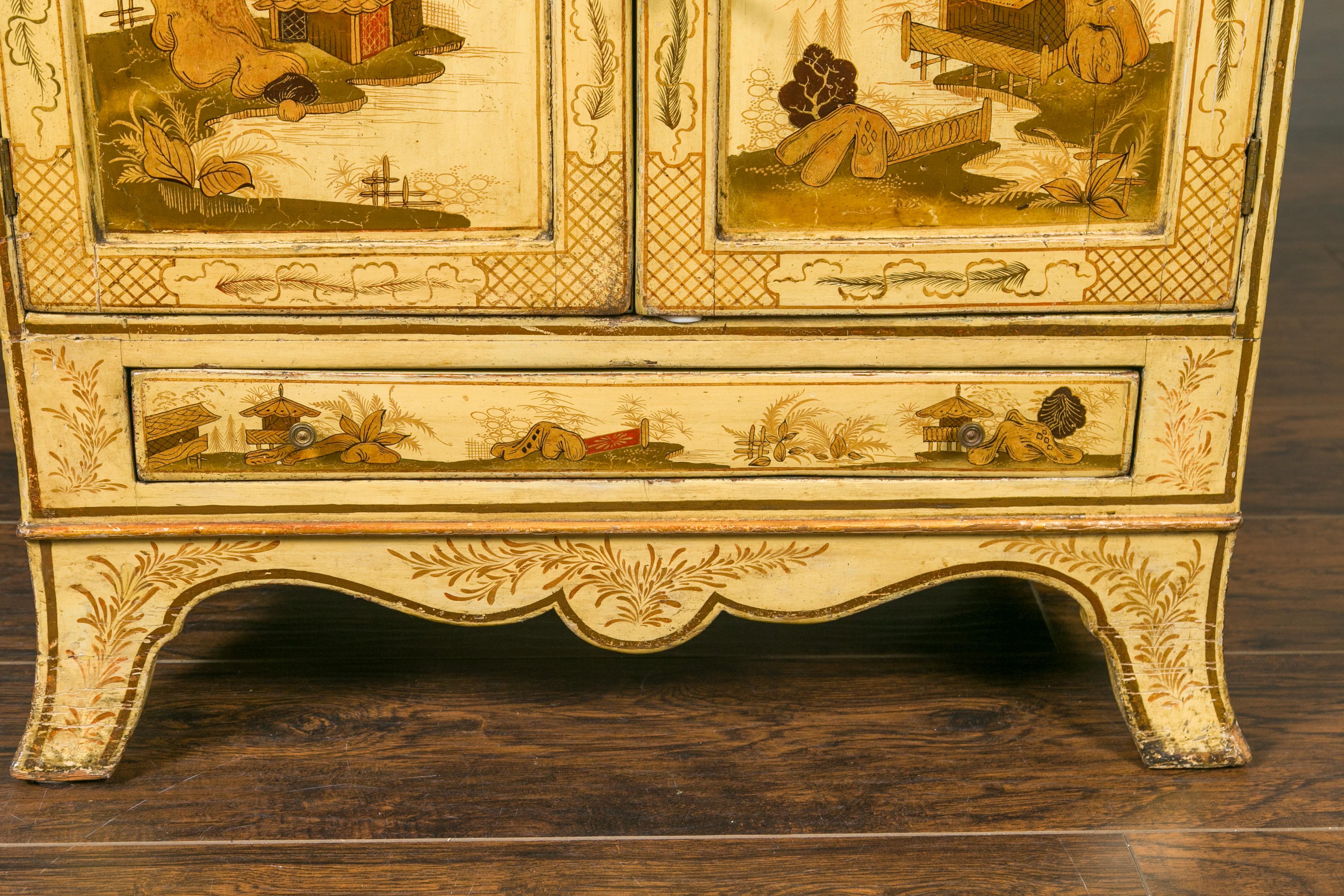 English 1870s Chinoiserie Waterfall Bookcase with Soft Yellow Painted Finish For Sale 6