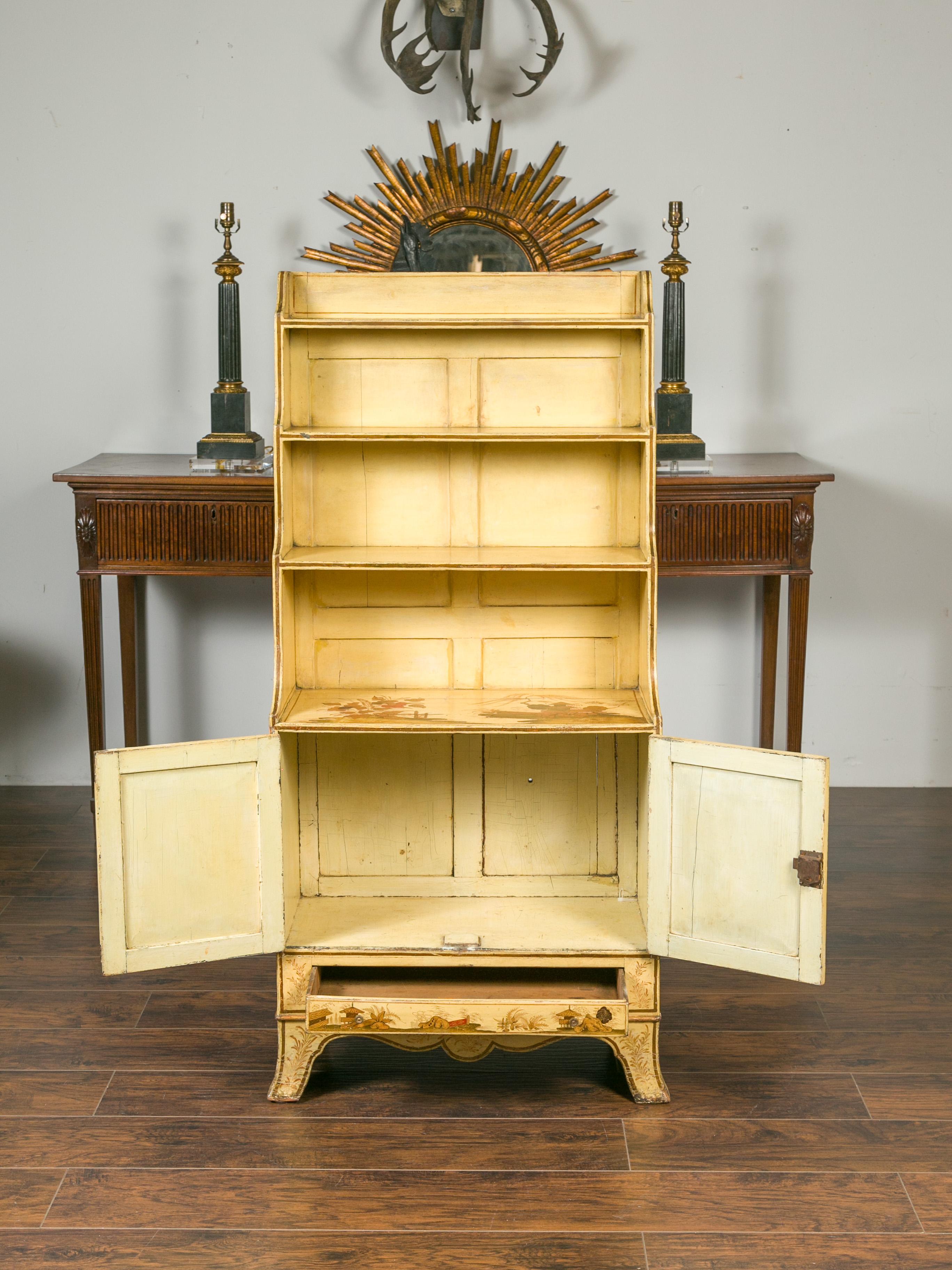 English 1870s Chinoiserie Waterfall Bookcase with Soft Yellow Painted Finish For Sale 7