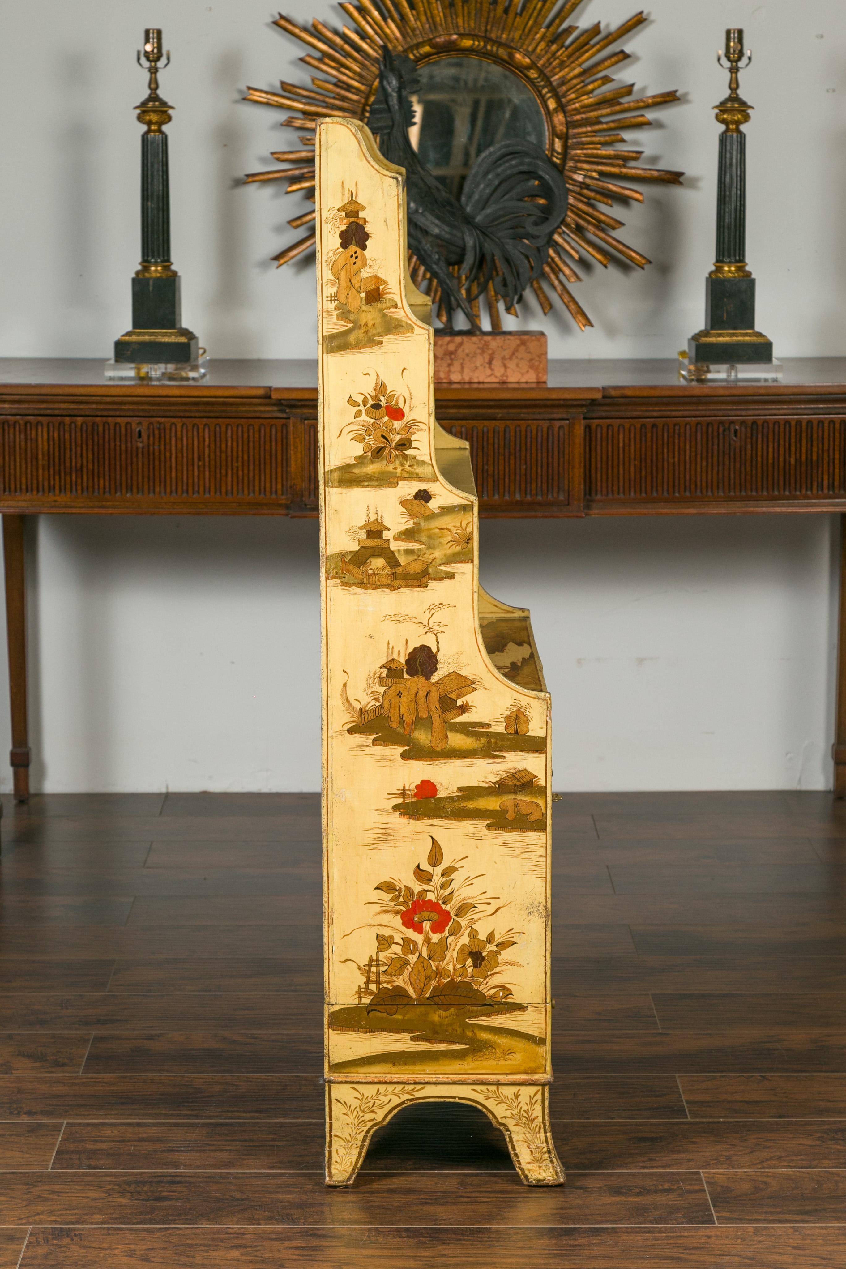English 1870s Chinoiserie Waterfall Bookcase with Soft Yellow Painted Finish For Sale 10