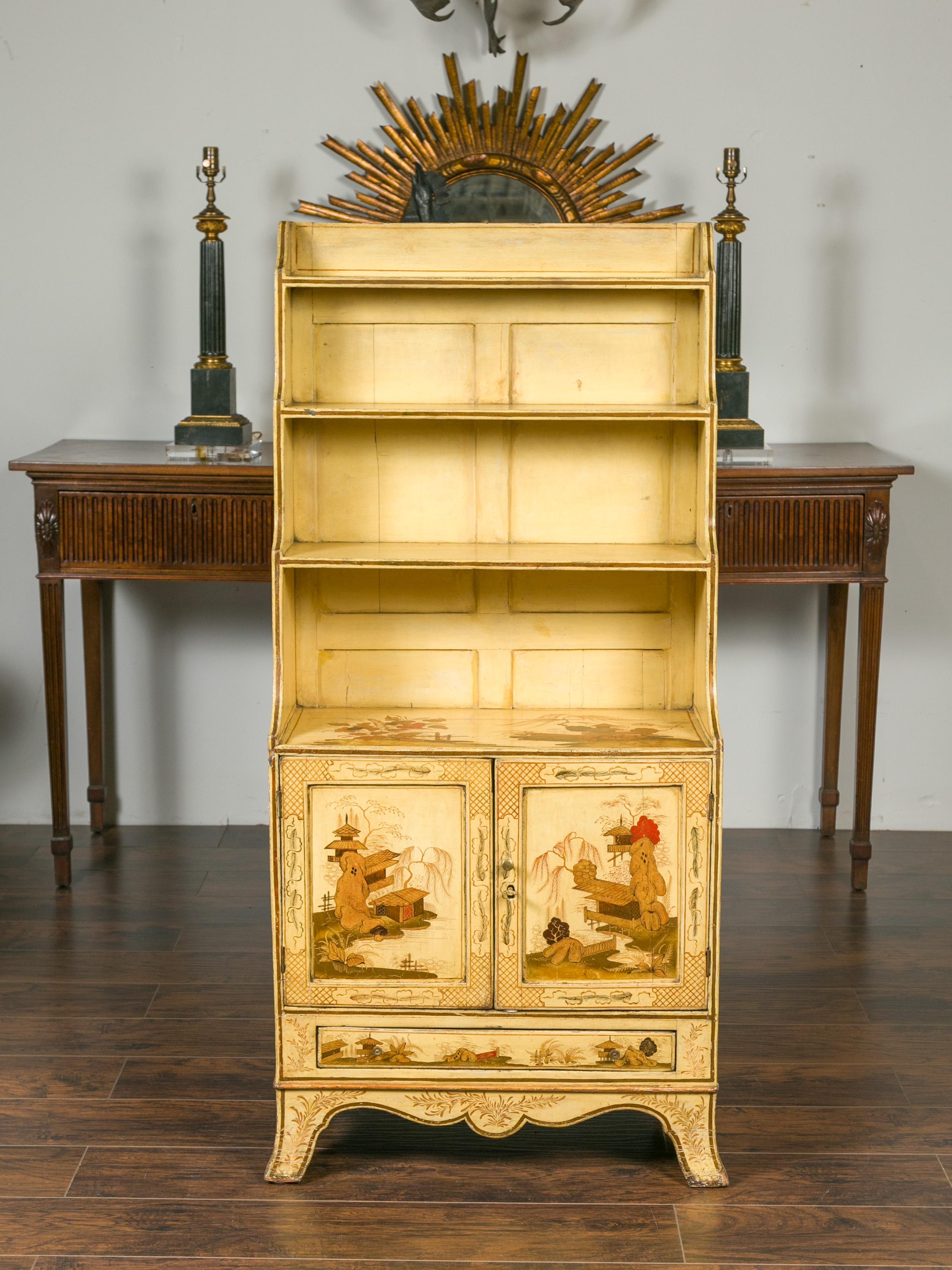 English 1870s Chinoiserie Waterfall Bookcase with Soft Yellow Painted Finish In Good Condition For Sale In Atlanta, GA