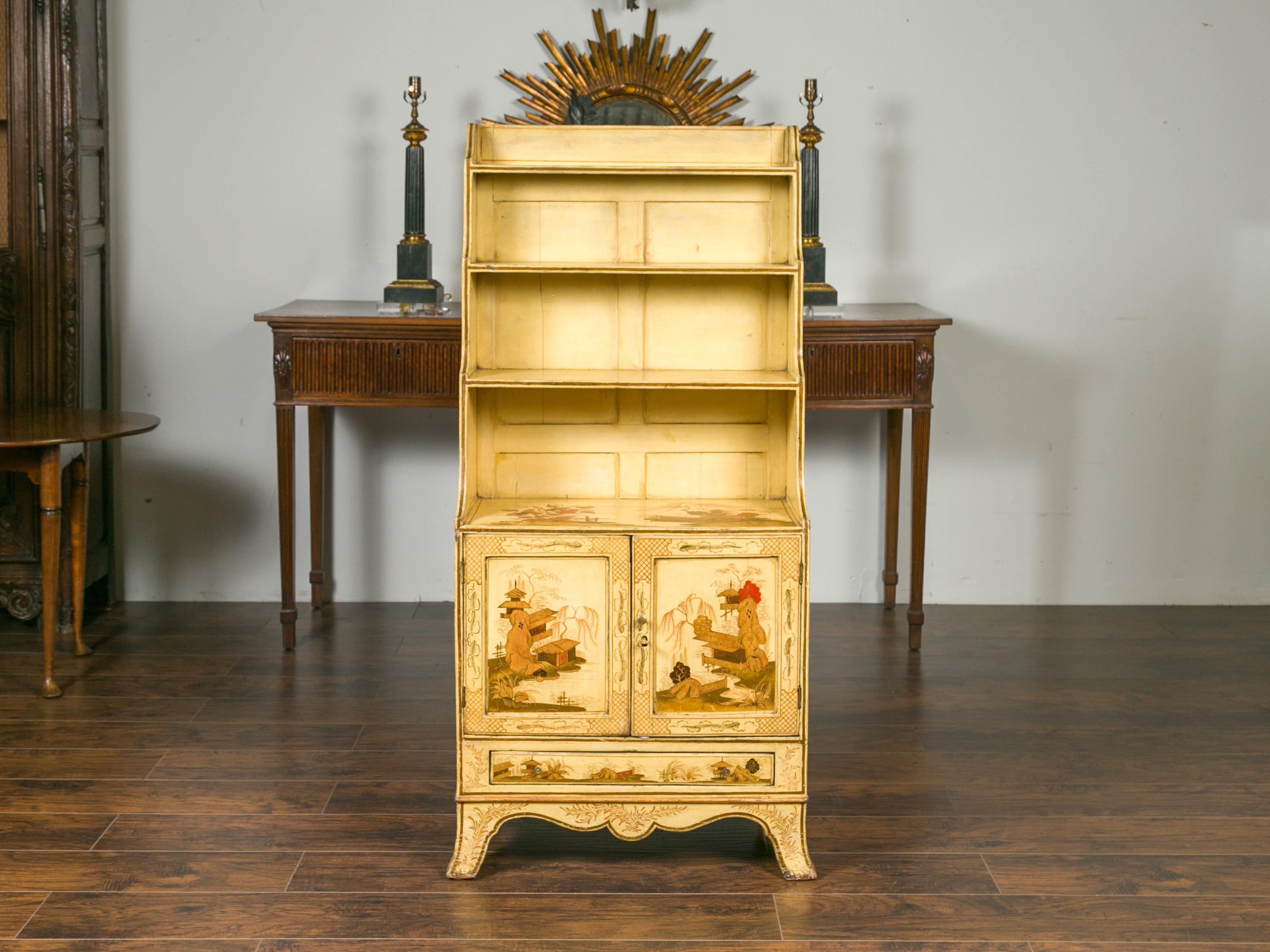 19th Century English 1870s Chinoiserie Waterfall Bookcase with Soft Yellow Painted Finish For Sale