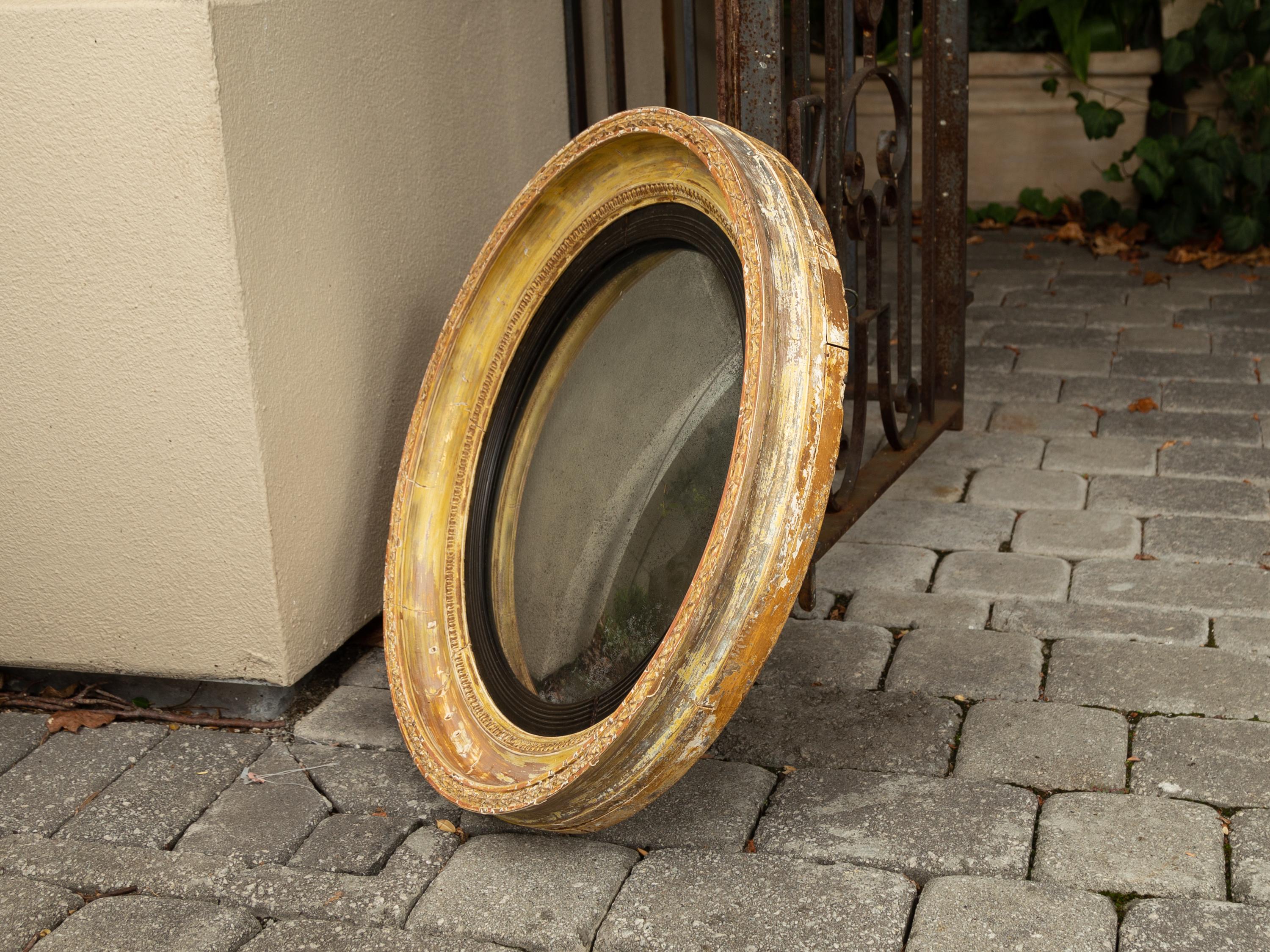 Painted English 1870s Distressed Wood Convex Bullseye Mirror with Ebonized Accents