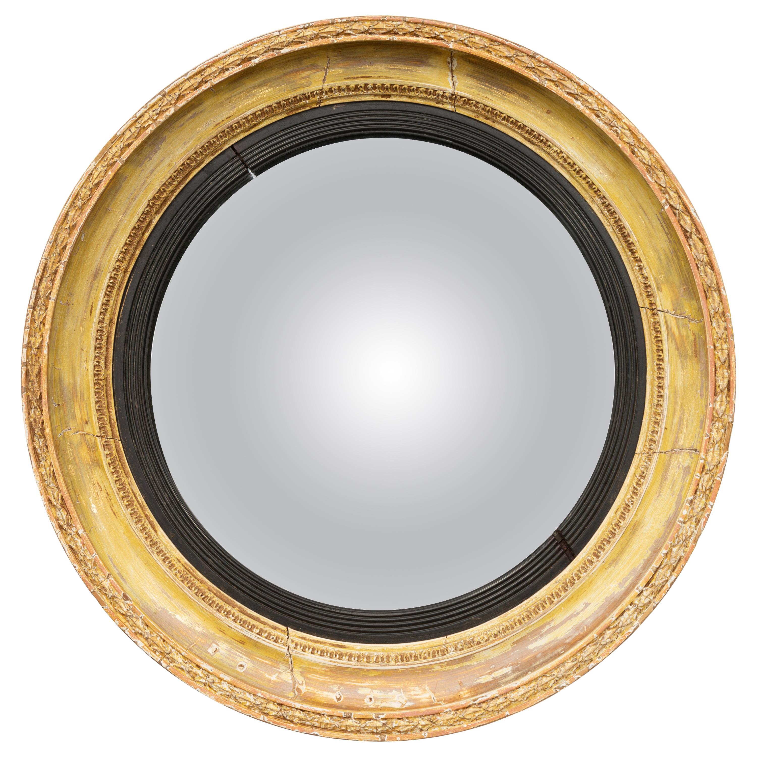 English 1870s Distressed Wood Convex Bullseye Mirror with Ebonized Accents