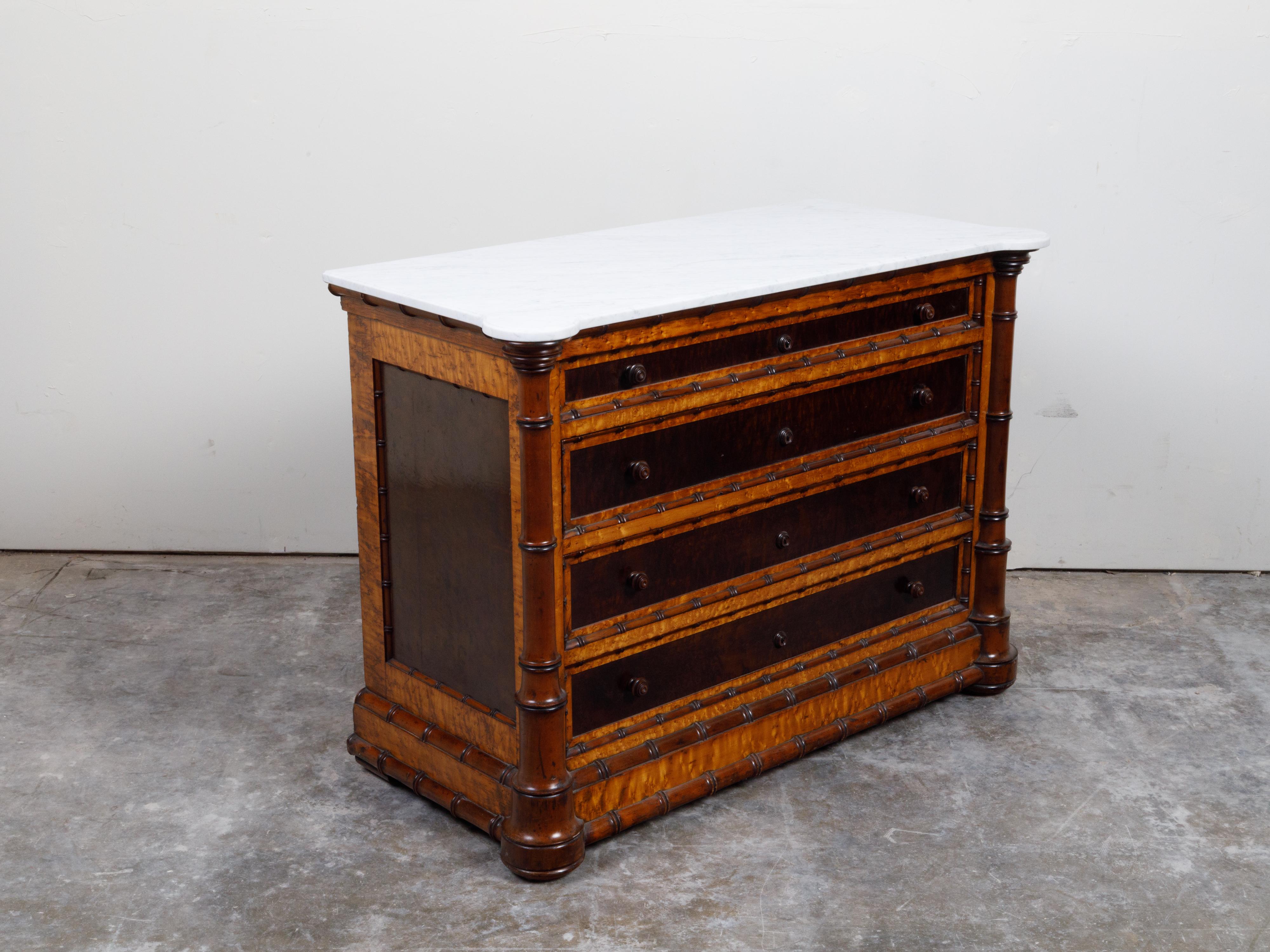 English 1870s Faux Bamboo Commode with Five Drawers and White Marble Top 6