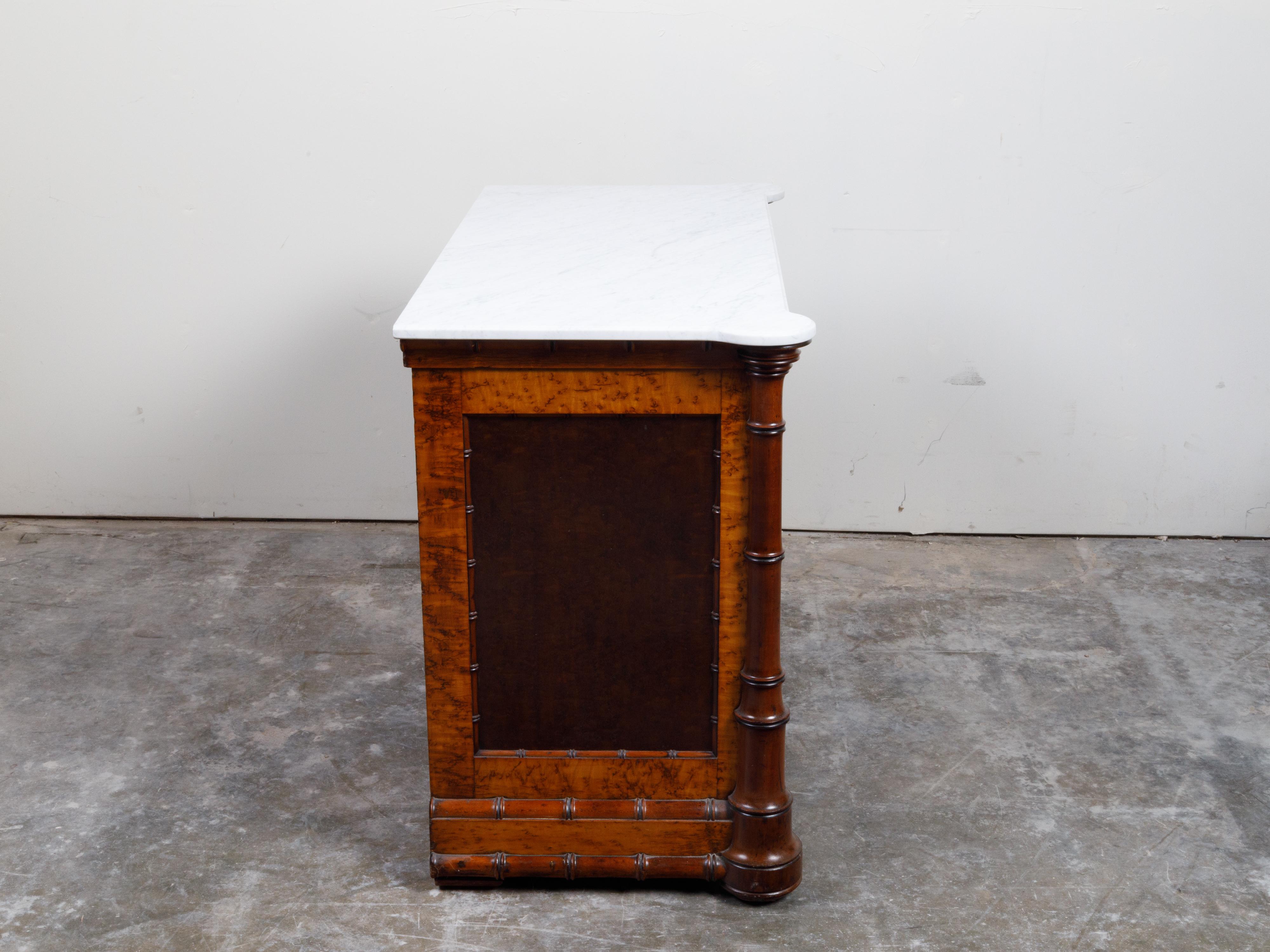 English 1870s Faux Bamboo Commode with Five Drawers and White Marble Top 7