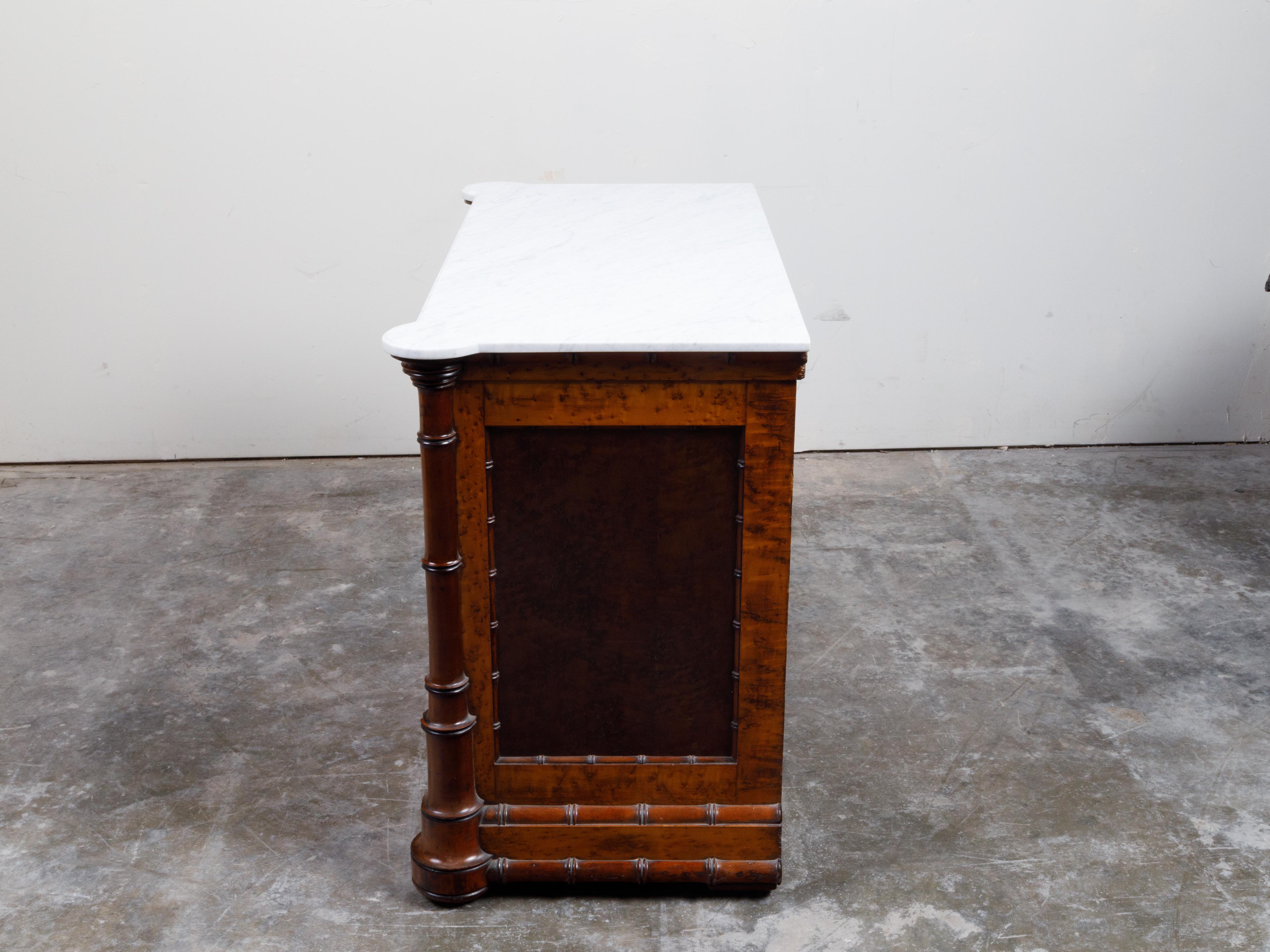 English 1870s Faux Bamboo Commode with Five Drawers and White Marble Top 11