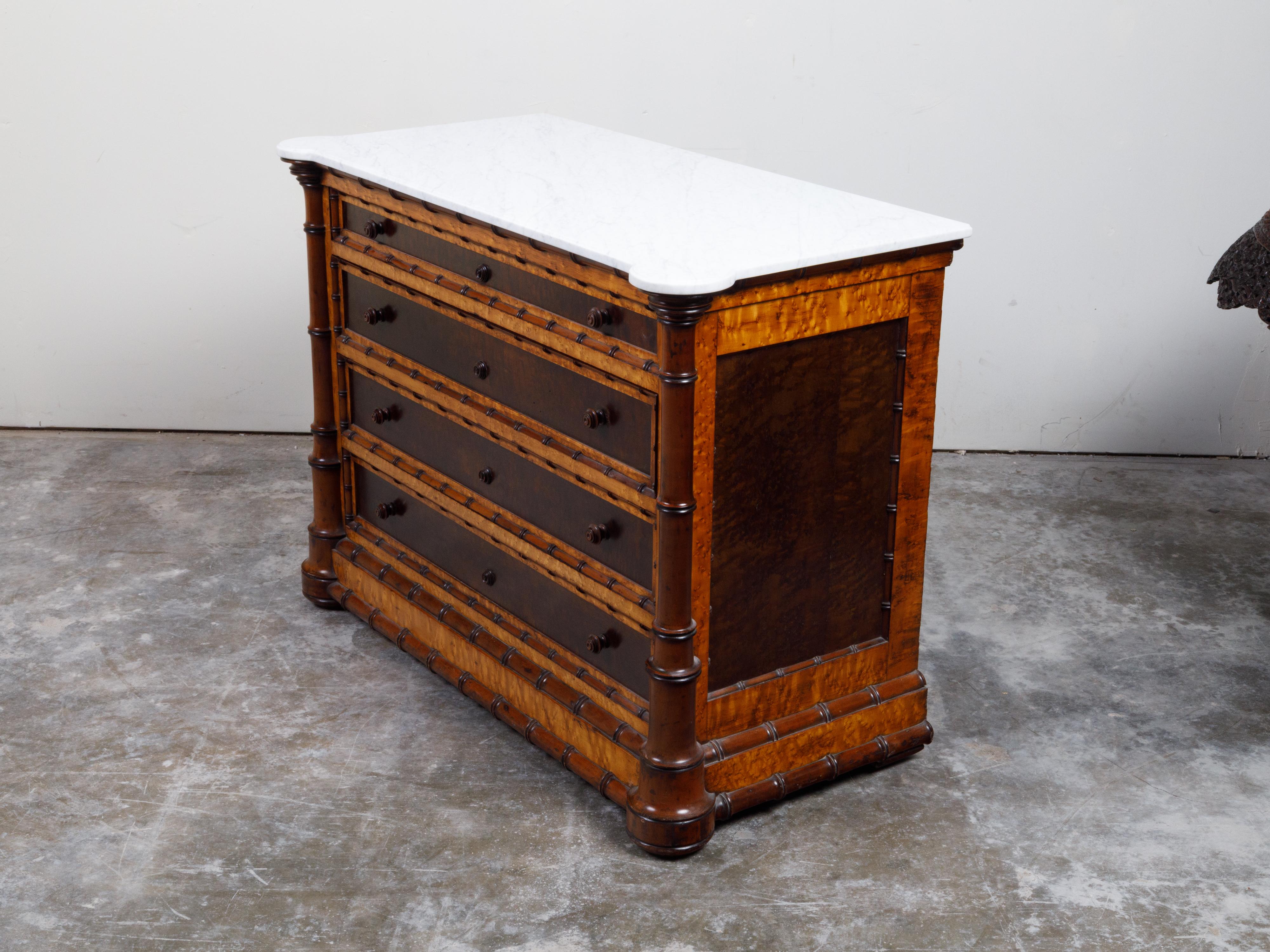 English 1870s Faux Bamboo Commode with Five Drawers and White Marble Top 12