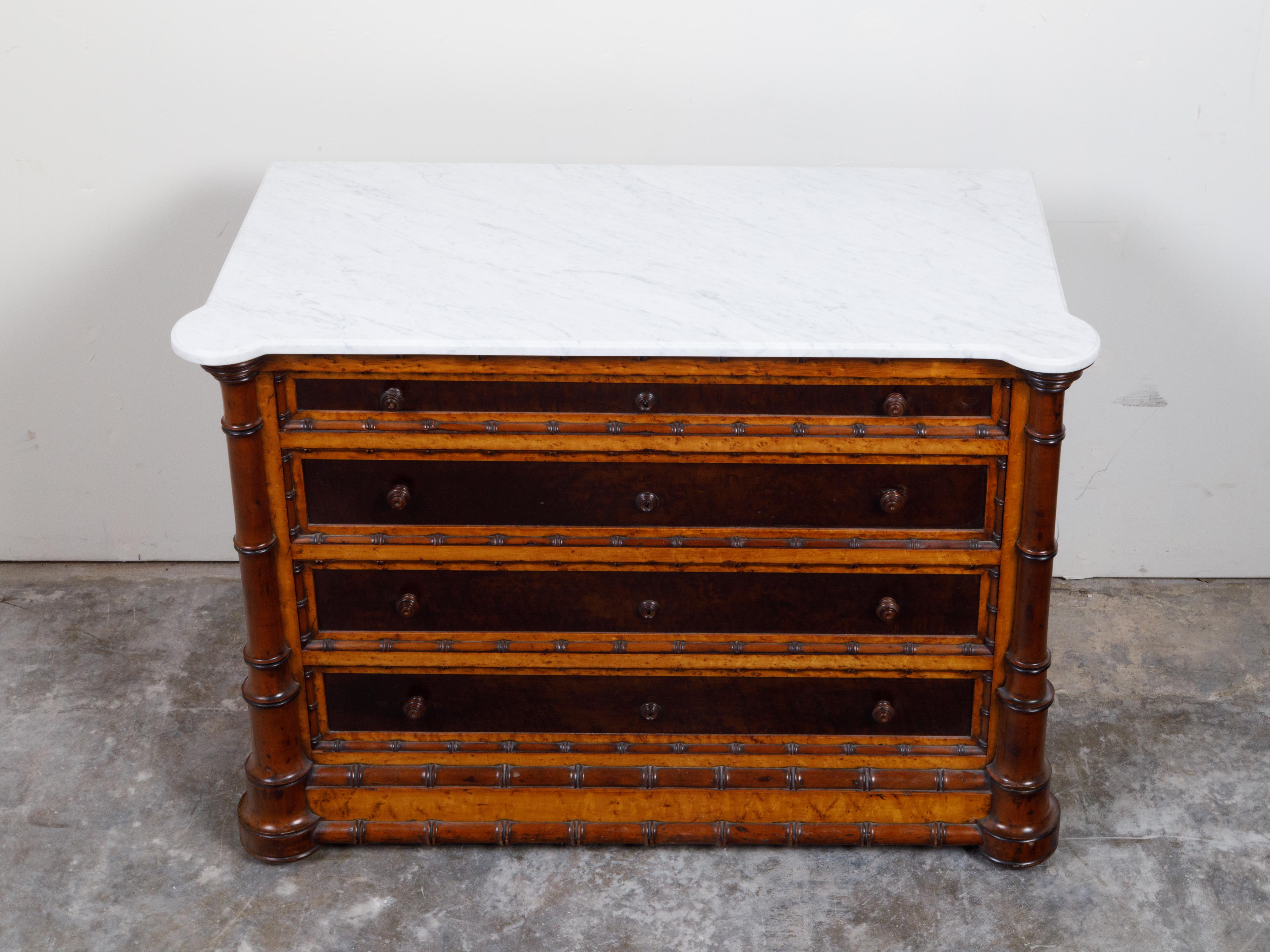 English 1870s Faux Bamboo Commode with Five Drawers and White Marble Top In Good Condition In Atlanta, GA