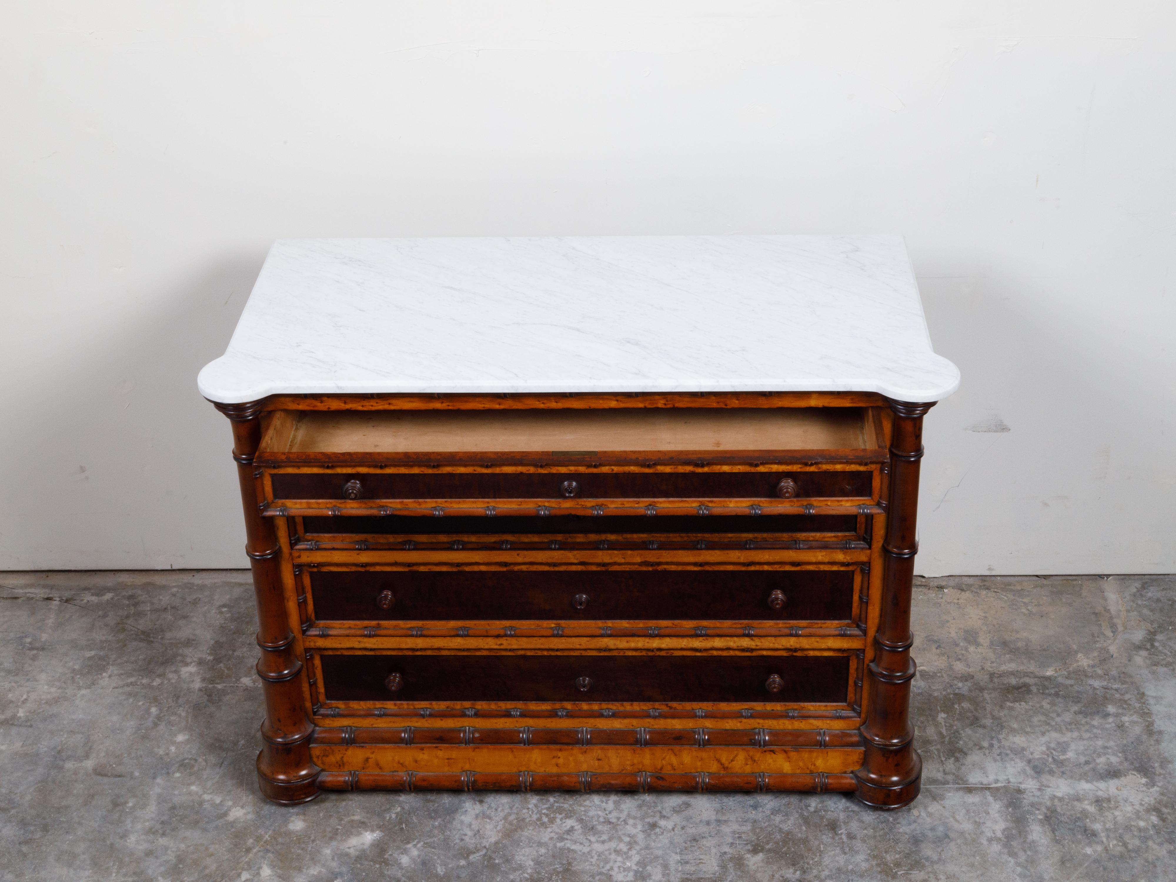 19th Century English 1870s Faux Bamboo Commode with Five Drawers and White Marble Top